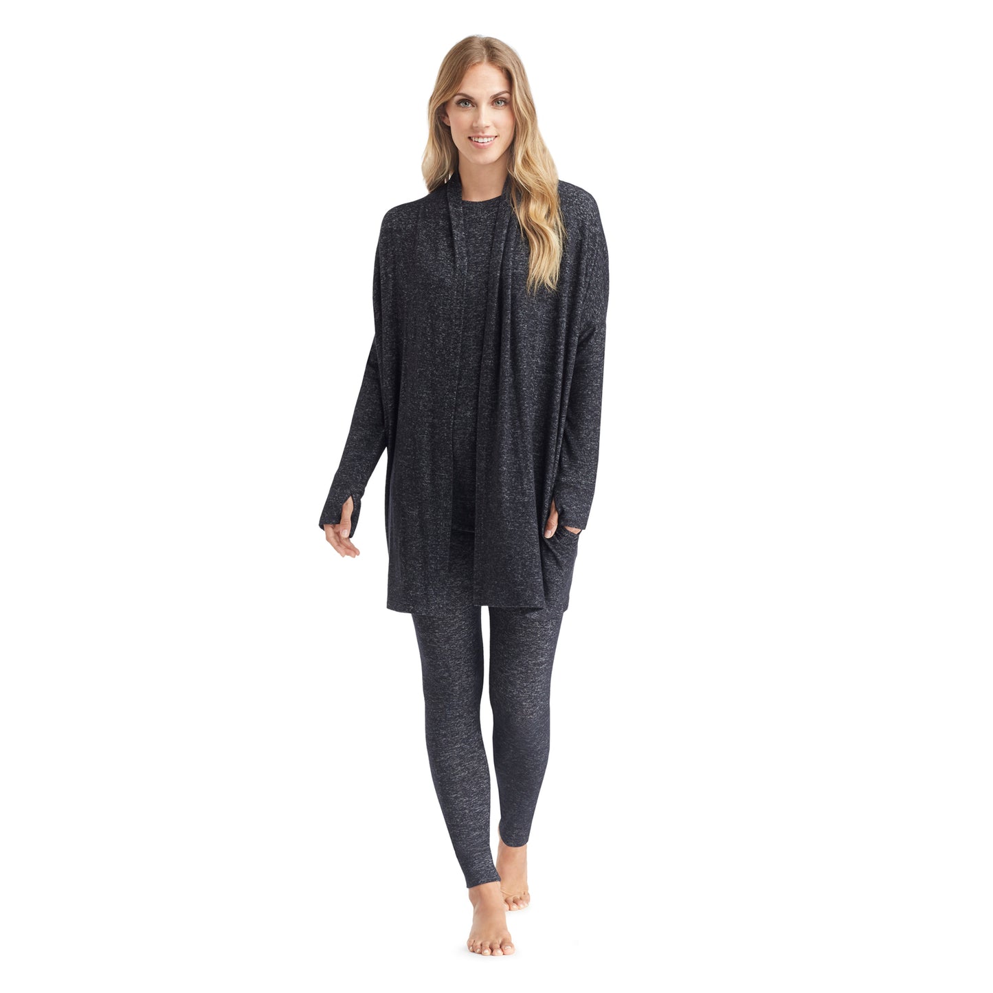 Marled Dark Charcoal; Model is wearing size S. She is 5’9”, Bust 32”, Waist 25.5”, Hips 36”. @A lady wearing a marled dark charcoal long sleeve wrap.