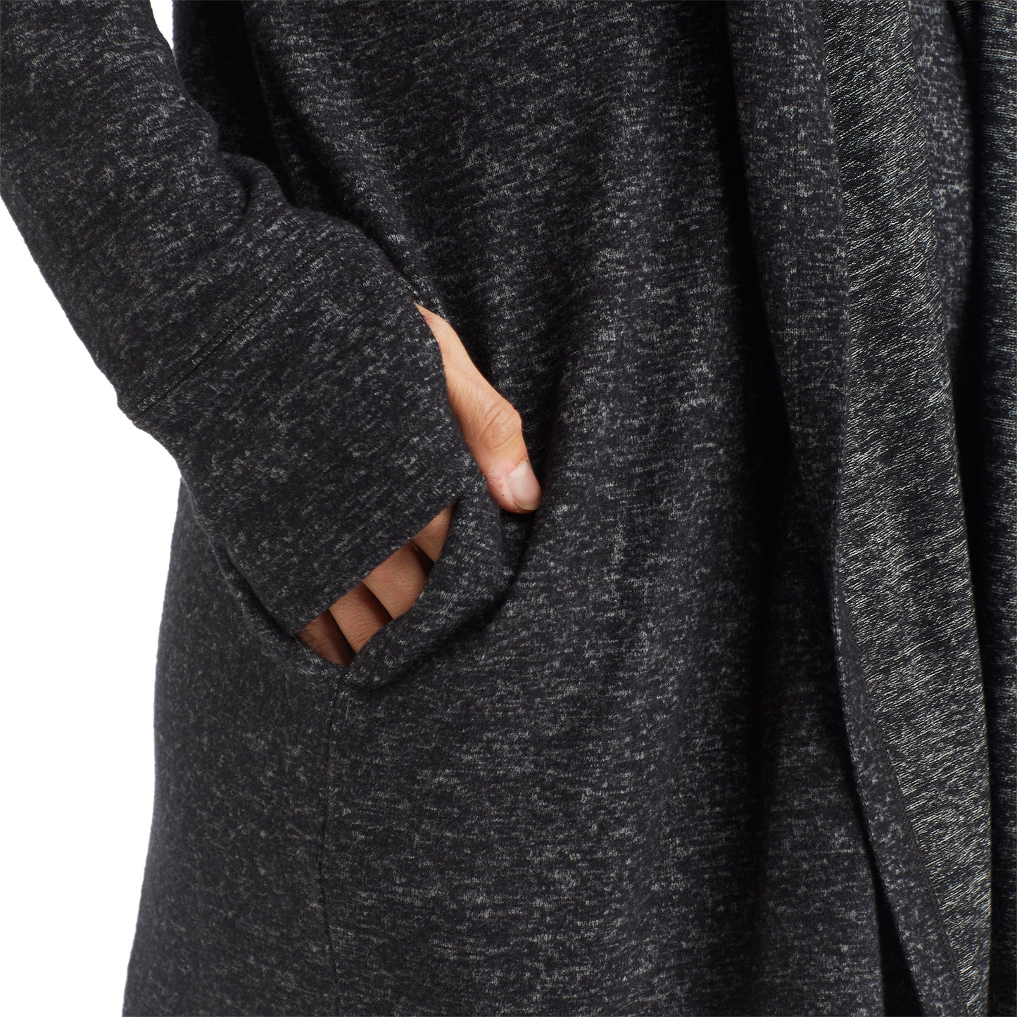 Marled Dark Charcoal; Model is wearing size S. She is 5’9”, Bust 32”, Waist 25.5”, Hips 36”. @A lady wearing a marled dark charcoal long sleeve wrap.
