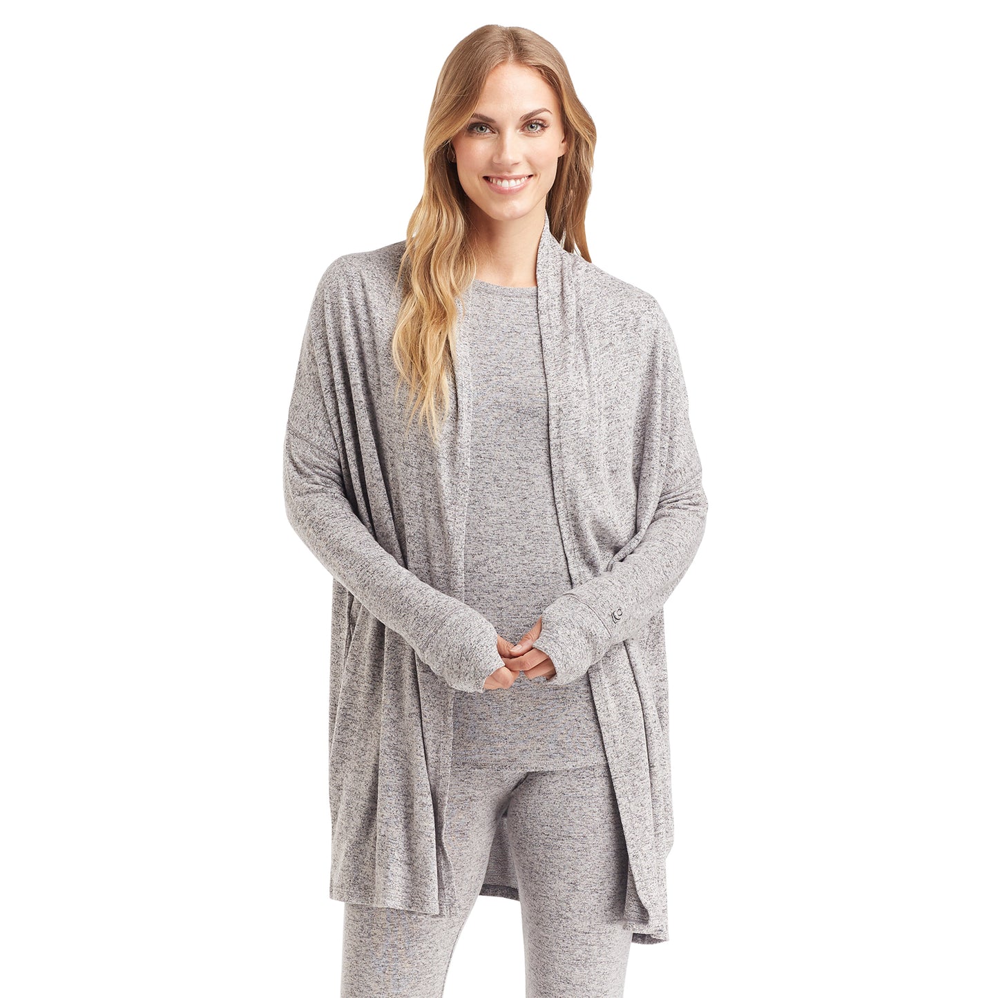 Marled Grey; Model is wearing size S. She is 5’9”, Bust 32”, Waist 25.5”, Hips 36”. @A lady wearing a marled grey long sleeve wrap.