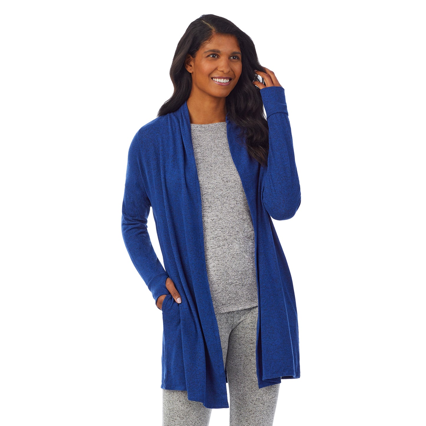 Marled Royal Blue; Model is wearing size S. She is 5’10”, Bust 34”, Waist 24”, Hips 34”. @A lady wearing a marled royal blue long sleeve wrap.
