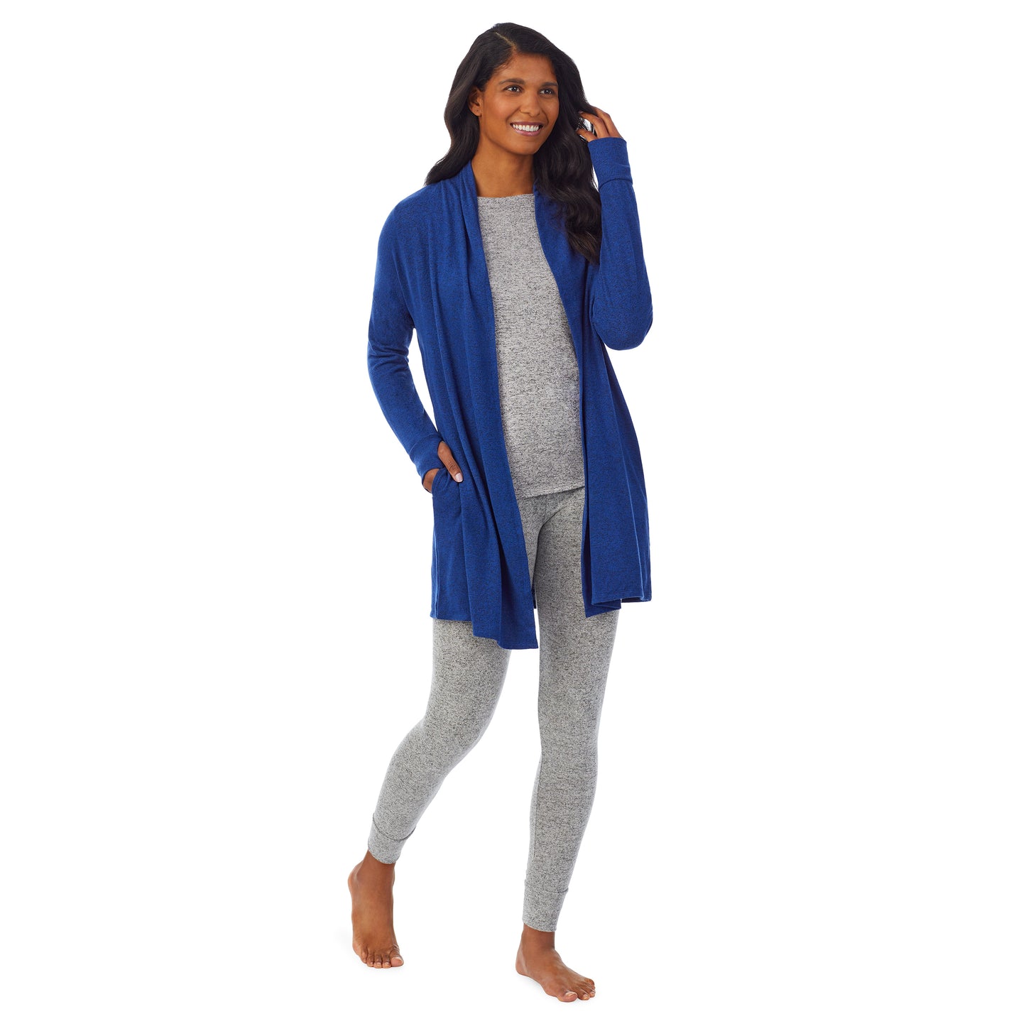 Marled Royal Blue; Model is wearing size S. She is 5’10”, Bust 34”, Waist 24”, Hips 34”. @A lady wearing a marled royal blue long sleeve wrap.