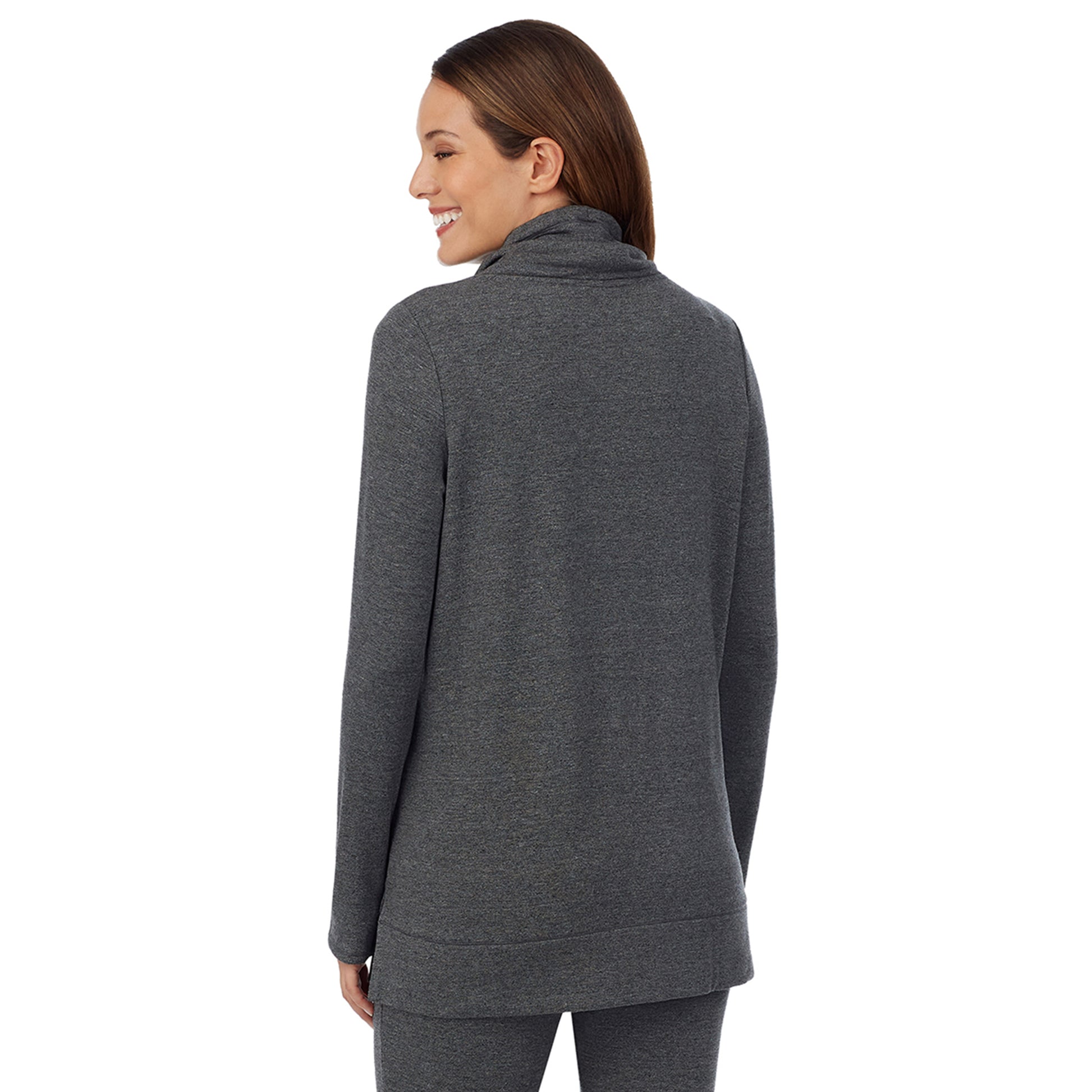 A lady wearing a charcoal heather long sleeve funnel neck tunic. #Model is wearing a maternity bump.