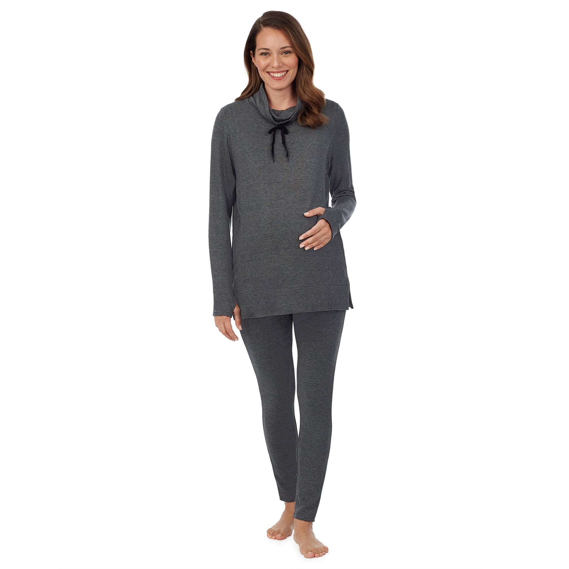 A lady wearing a charcoal heather long sleeve funnel neck tunic. #Model is wearing a maternity bump.