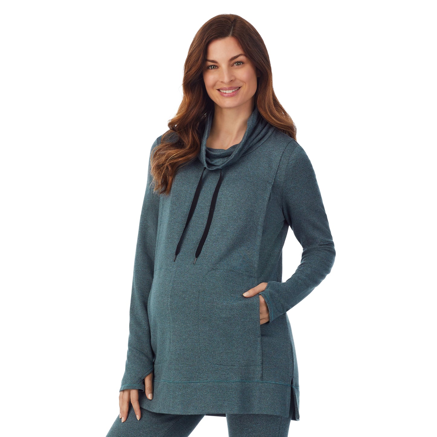 Cloud Blue Heather; Model is wearing size S. She is 5’9”, Bust 34”, Waist 24.5”, Hips 36.5”. @A lady wearing a cloud blue heather long sleeve funnel neck tunic. #Model is wearing a maternity bump.