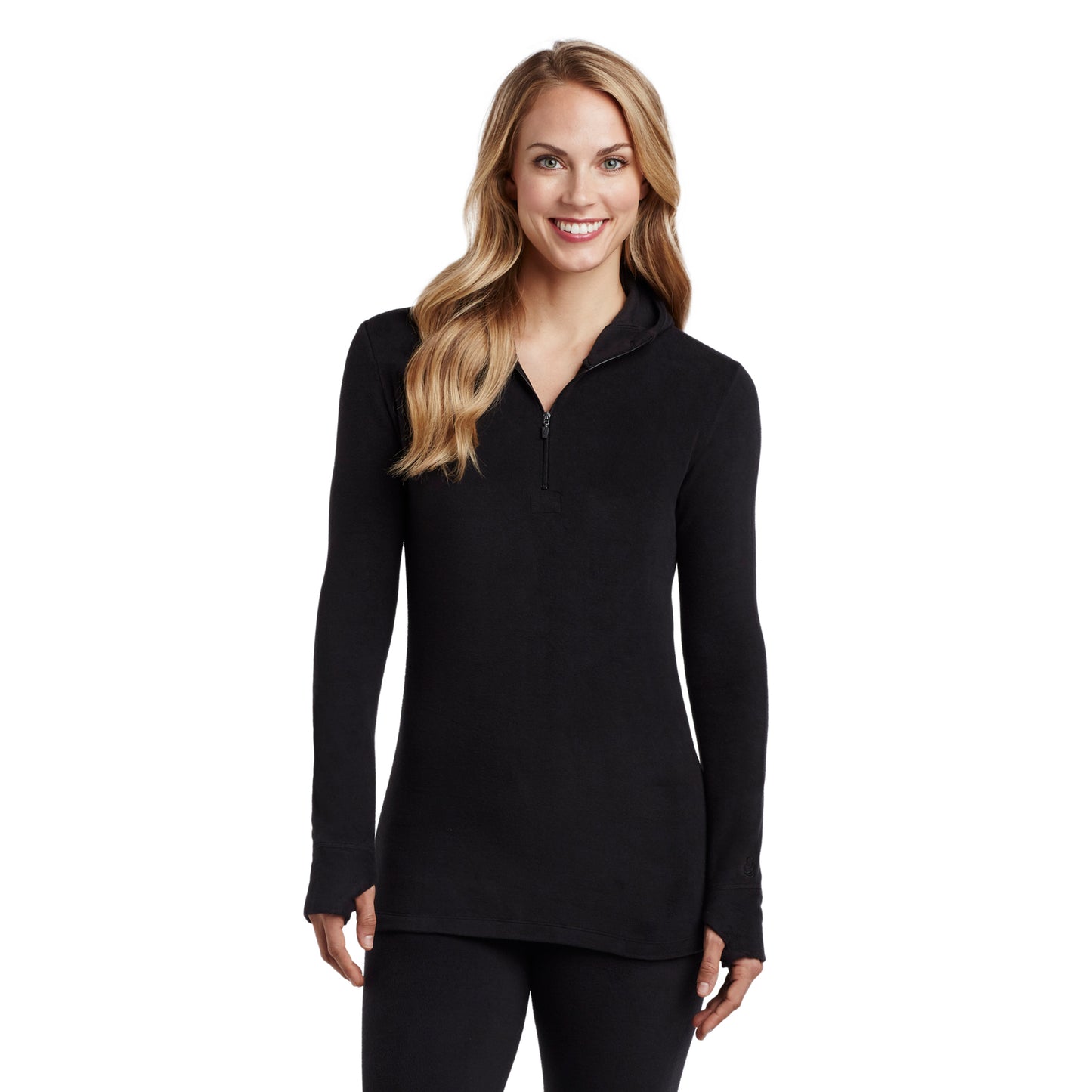 Black; Model is wearing size S. She is 5’9”, Bust 32”, Waist 25.5”, Hips 36”.@upper body of a lady wearing black long sleeve half zip hoodie !59% Polyester, 35% Recycled Polyester, 6% Spandex!
