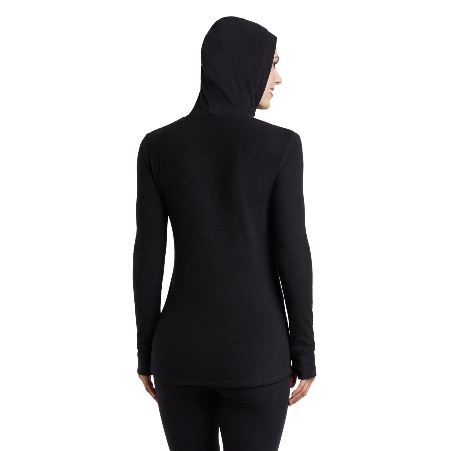 Black; Model is wearing size S. She is 5’9”, Bust 32”, Waist 25.5”, Hips 36”.@upper body of a lady wearing black long sleeve half zip hoodie !59% Polyester, 35% Recycled Polyester, 6% Spandex!