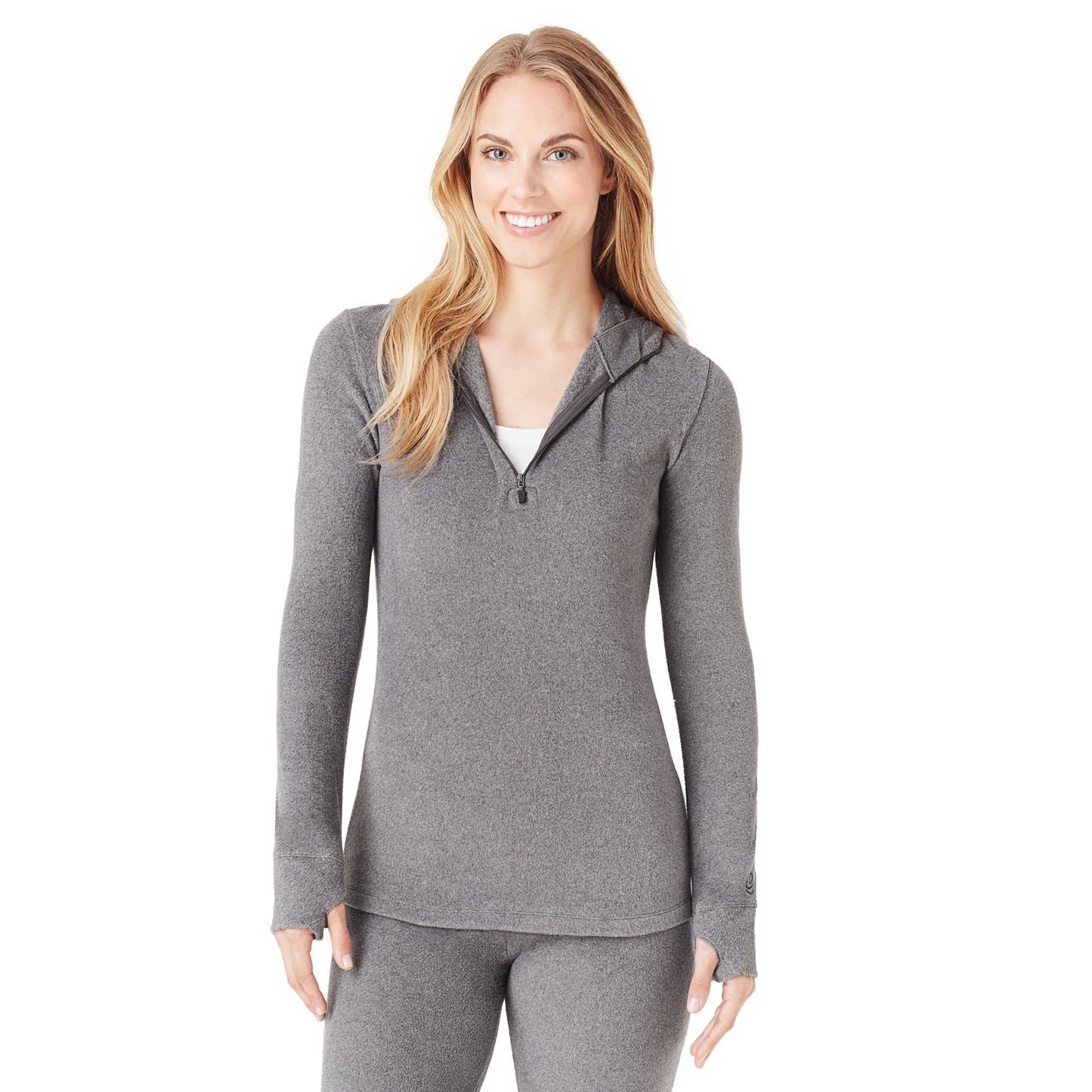Charcoal Heather; Model is wearing size S. She is 5’9”, Bust 32”, Waist 25.5”, Hips 36”.@upper body of a lady wearing grey long sleeve half zip hoodie !59% Polyester, 35% Recycled Polyester, 6% Spandex!