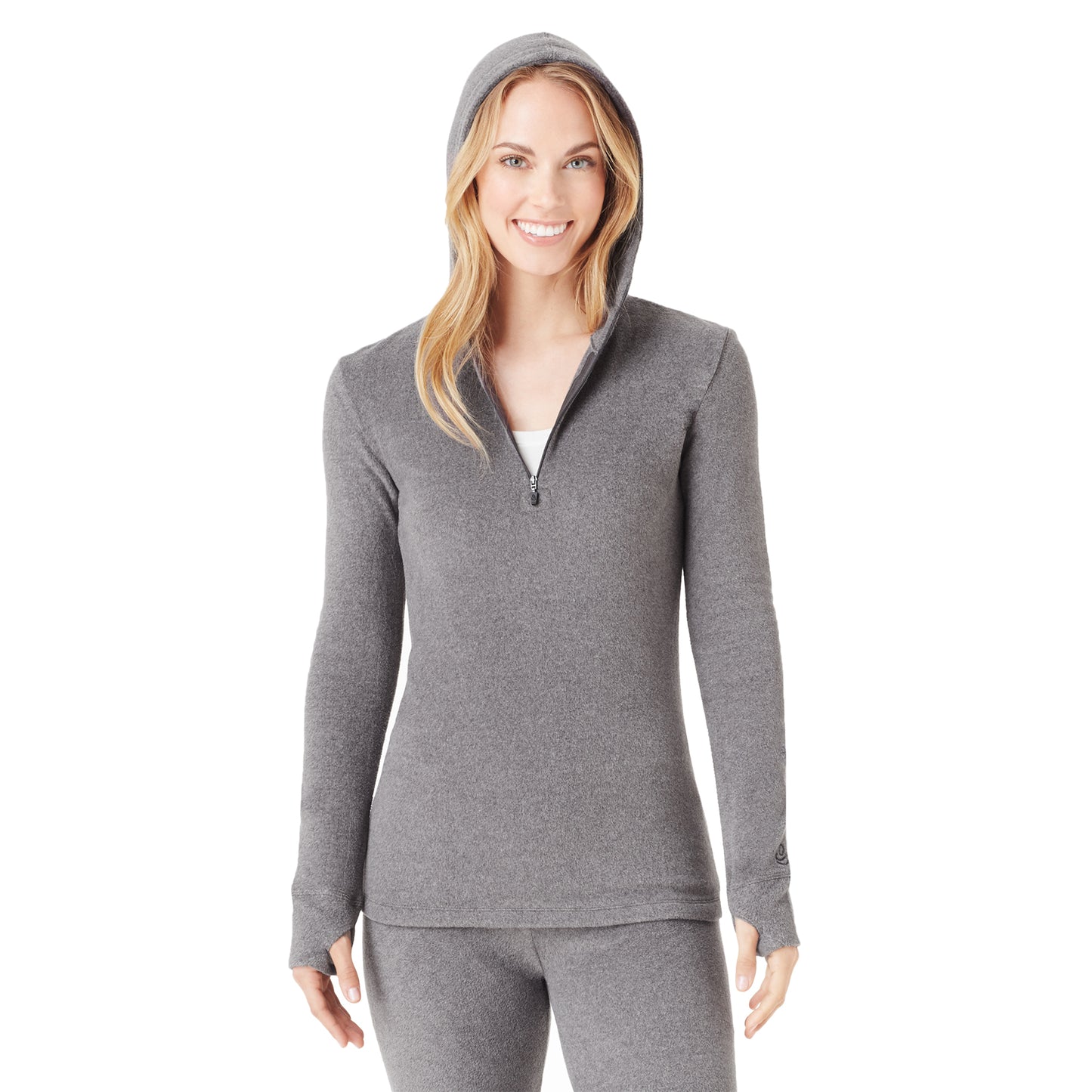 Charcoal Heather; Model is wearing size S. She is 5’9”, Bust 32”, Waist 25.5”, Hips 36”.@upper body of a lady wearing grey long sleeve half zip hoodie !59% Polyester, 35% Recycled Polyester, 6% Spandex!