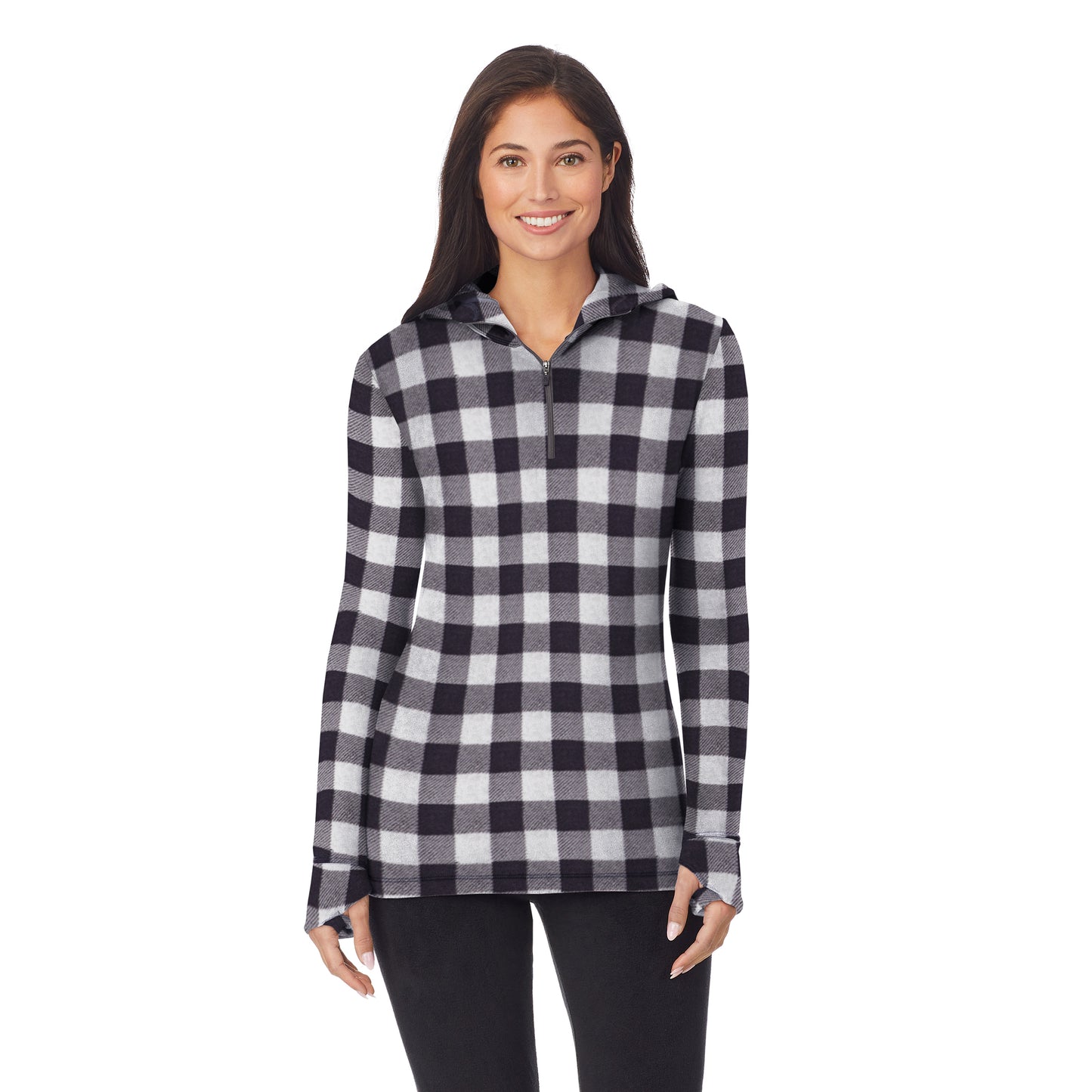 Grey Buffalo; Model is wearing size S. She is 5'8.5", Bust 32", Waist 25", Hips 36".@upper body of a lady wearing grey buffalo long sleeve half zip hoodie !59% Polyester, 35% Recycled Polyester, 6% Spandex!