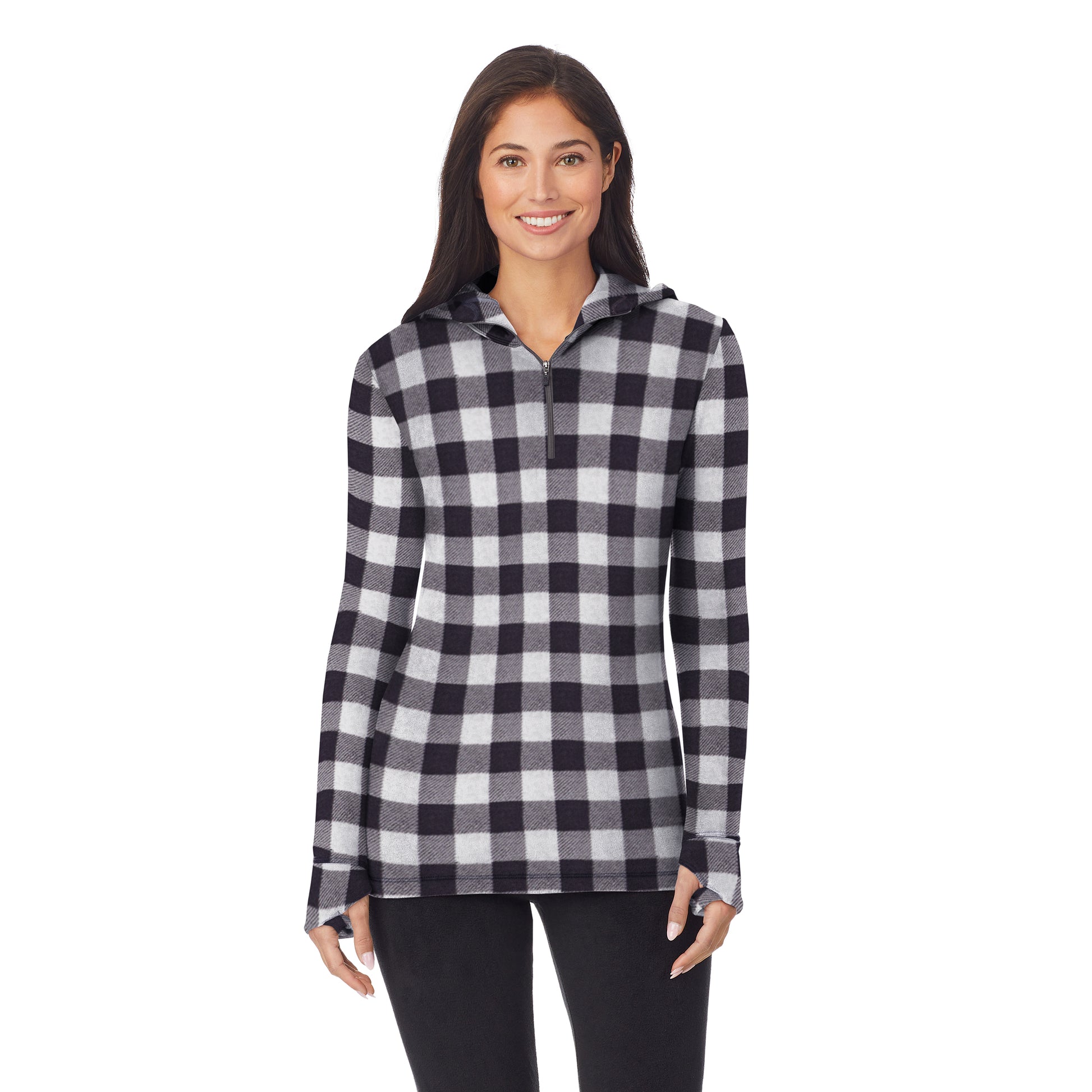 upper body of a lady wearing grey buffalo long sleeve half zip hoodie