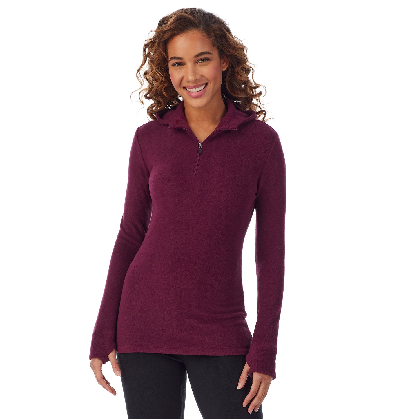 Grape; Model is wearing size S. She is 5’9”, Bust 34”, Waist 23”, Hips 35”.@upper body of a lady wearing grape long sleeve half zip hoodie !59% Polyester, 35% Recycled Polyester, 6% Spandex!