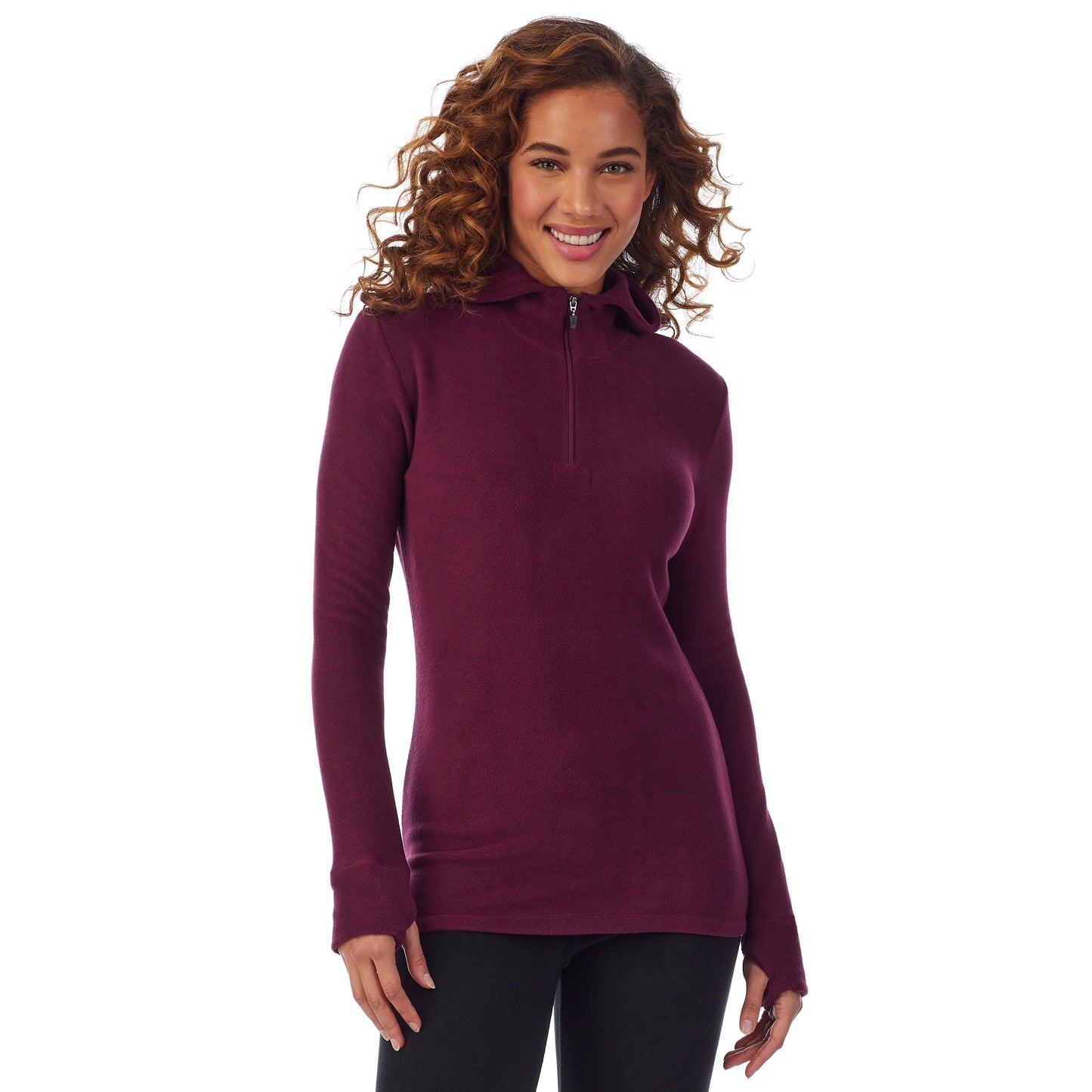 Grape; Model is wearing size S. She is 5’9”, Bust 34”, Waist 23”, Hips 35”.@upper body of a lady wearing grape long sleeve half zip hoodie !59% Polyester, 35% Recycled Polyester, 6% Spandex!