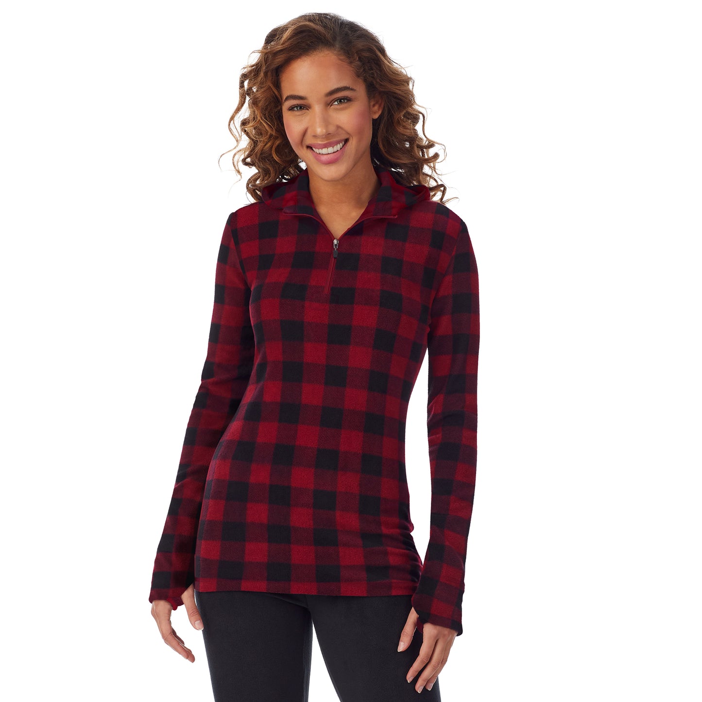 Rhubarb Buffalo; Model is wearing size S. She is 5’9”, Bust 34”, Waist 23”, Hips 35”.@upper body of a lady wearing red buffalo long sleeve half zip hoodie !59% Polyester, 35% Recycled Polyester, 6% Spandex!