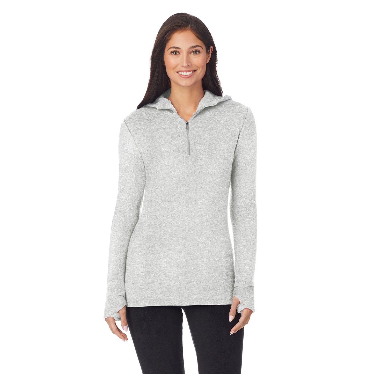 Light Grey Heather; Model is wearing size S. She is 5'8.5", Bust 32", Waist 25", Hips 36". @upper body of a lady wearing light grey long sleeve half zip hoodie !59% Polyester, 35% Recycled Polyester, 6% Spandex!