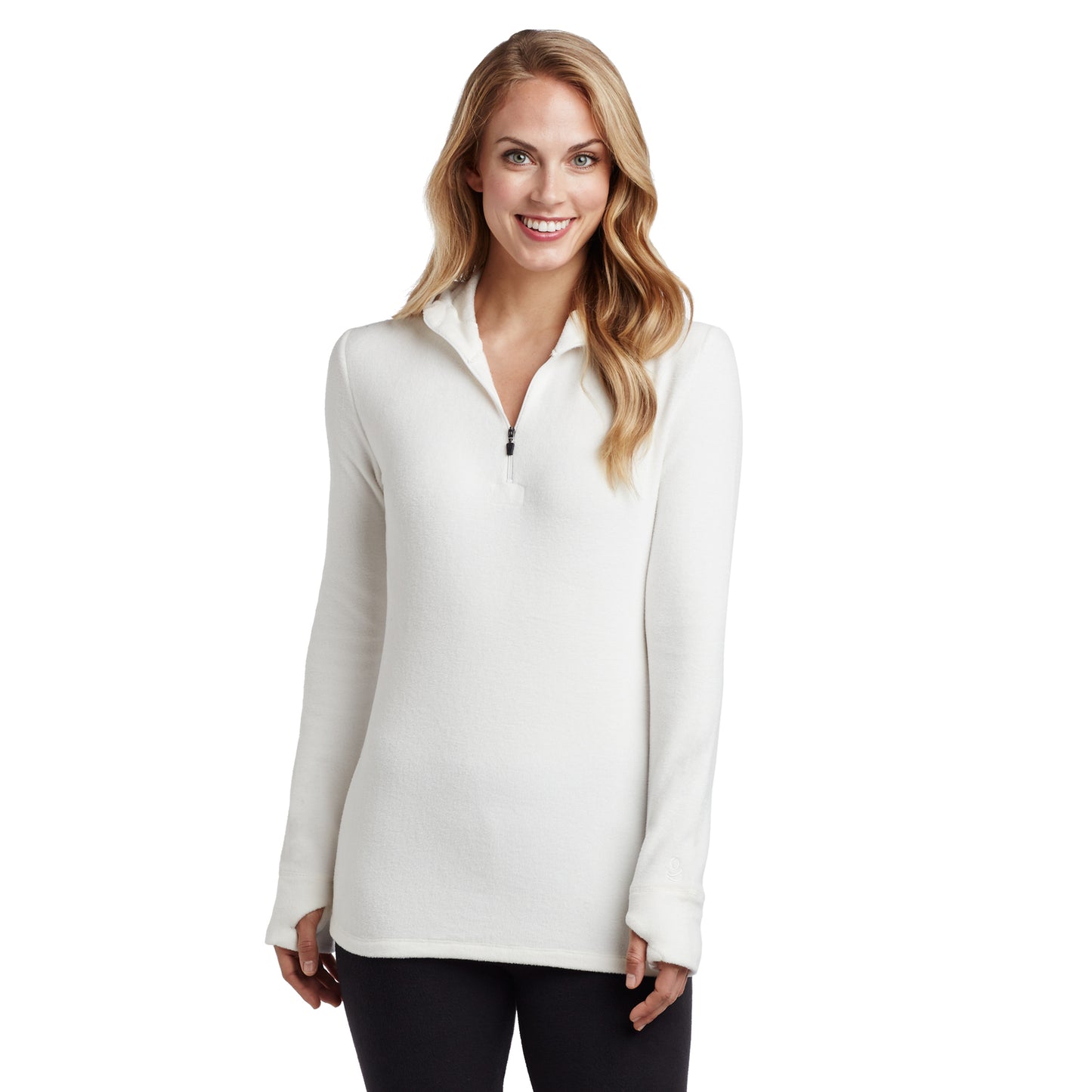 Off White; Model is wearing size S. She is 5’9”, Bust 32”, Waist 25.5”, Hips 36”.@upper body of a lady wearing white long sleeve half zip hoodie !59% Polyester, 35% Recycled Polyester, 6% Spandex!