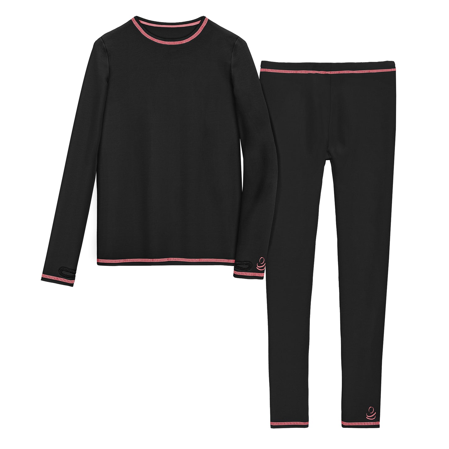 Black;@Girls Comfortech black Stretch Poly 2 pc. Long Sleeve Crew & Pant Set !92% Polyester, 8% Spandex!