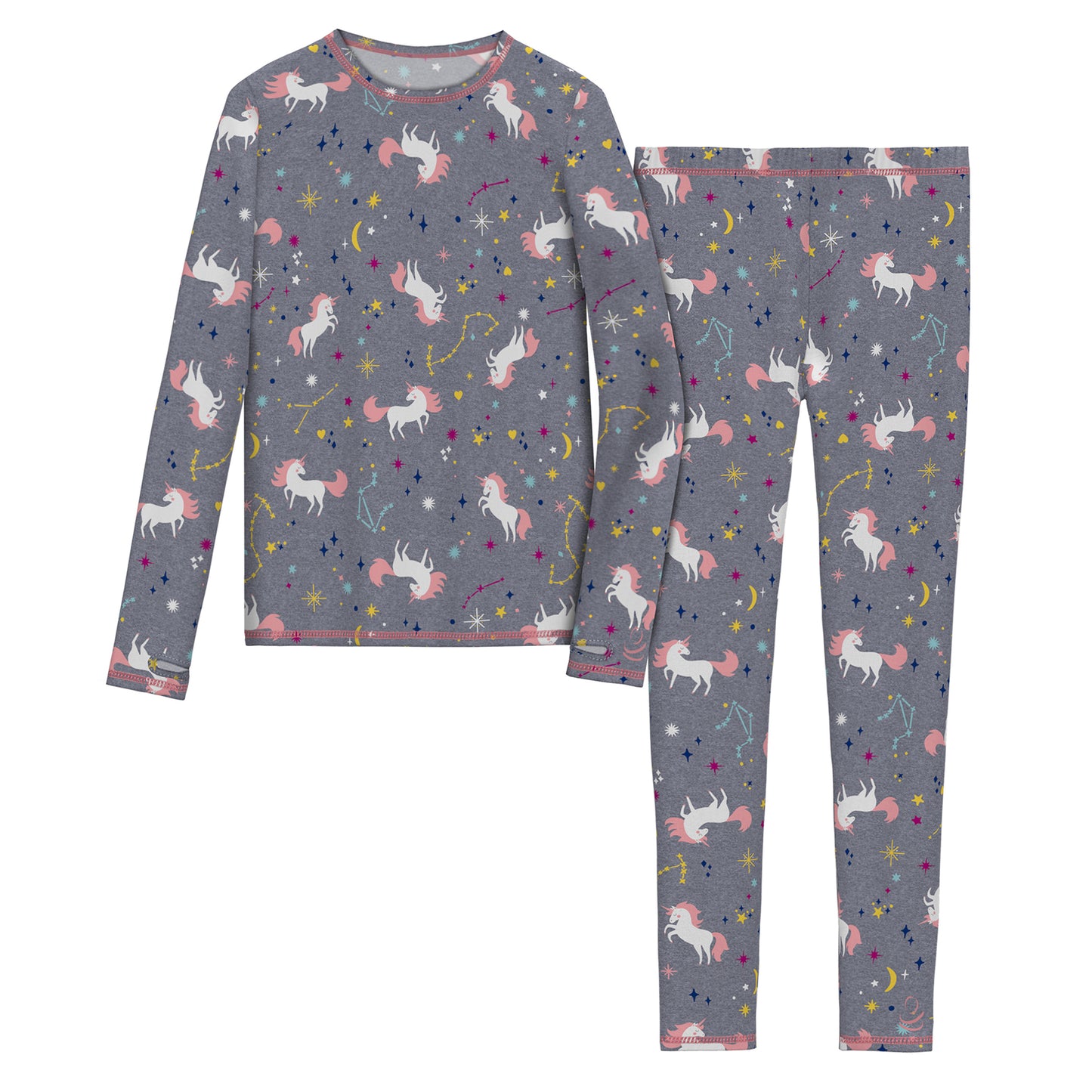 Grey Unicorn;@Girls Comfortech grey unicorn Stretch Poly 2 pc. Long Sleeve Crew & Pant Set !92% Polyester, 8% Spandex!