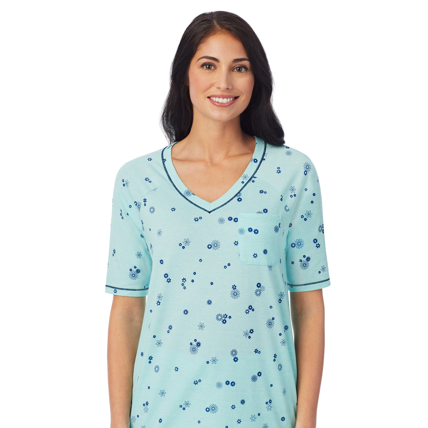 Mint Ditsy Floral;Model is wearing size S. She is 5'8.5", Bust 32", Waist 25", Hips 36".@ A lady wearingCuddl Smart Elbow Sleeve Top with Cropped Pant Pajama Set with Mint Ditsy Floral print