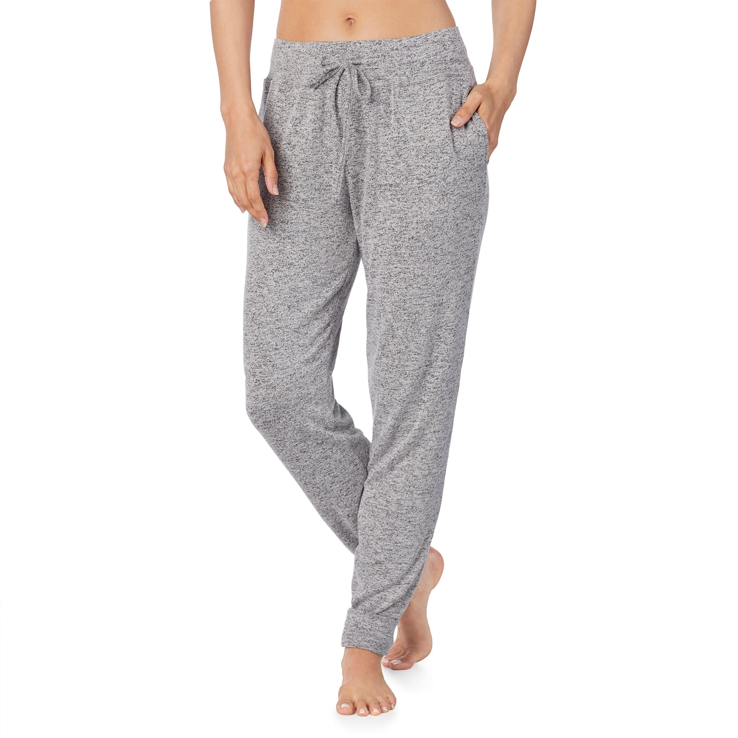 Marled Grey; Model is wearing size S. She is 5’9”, Bust 32”, Waist 25.5”, Hips 36”.@lower body of a lady wearing marled grey jogger