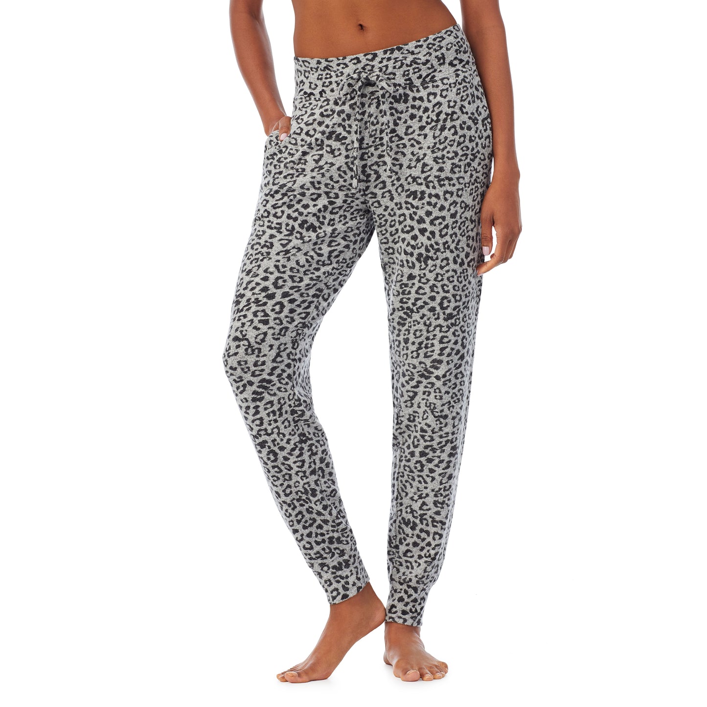 Grey Animal; Model is wearing size S. She is 5’9”, Bust 32”, Waist 25.5”, Hips 36”.@lower body of a lady wearing grey jogger with animal print