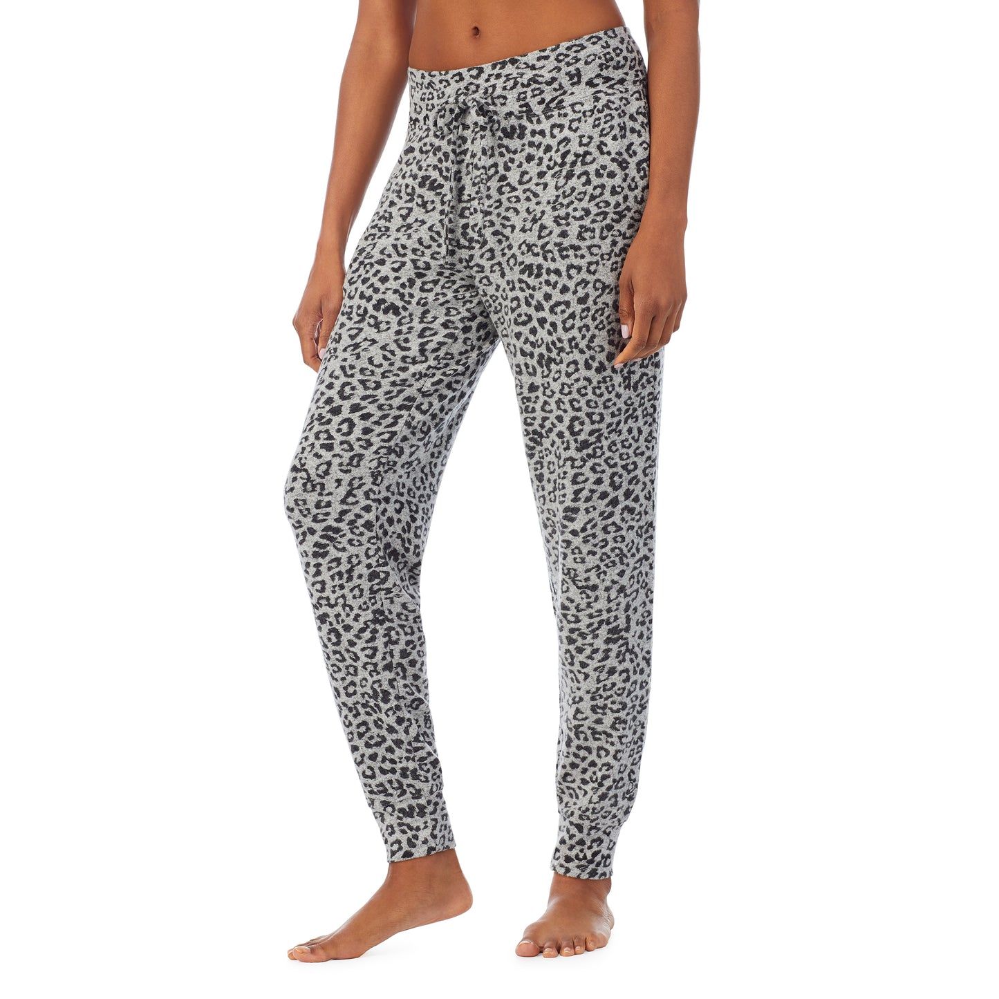 Grey Animal; Model is wearing size S. She is 5’9”, Bust 32”, Waist 25.5”, Hips 36”.@lower body of a lady wearing grey jogger with animal print