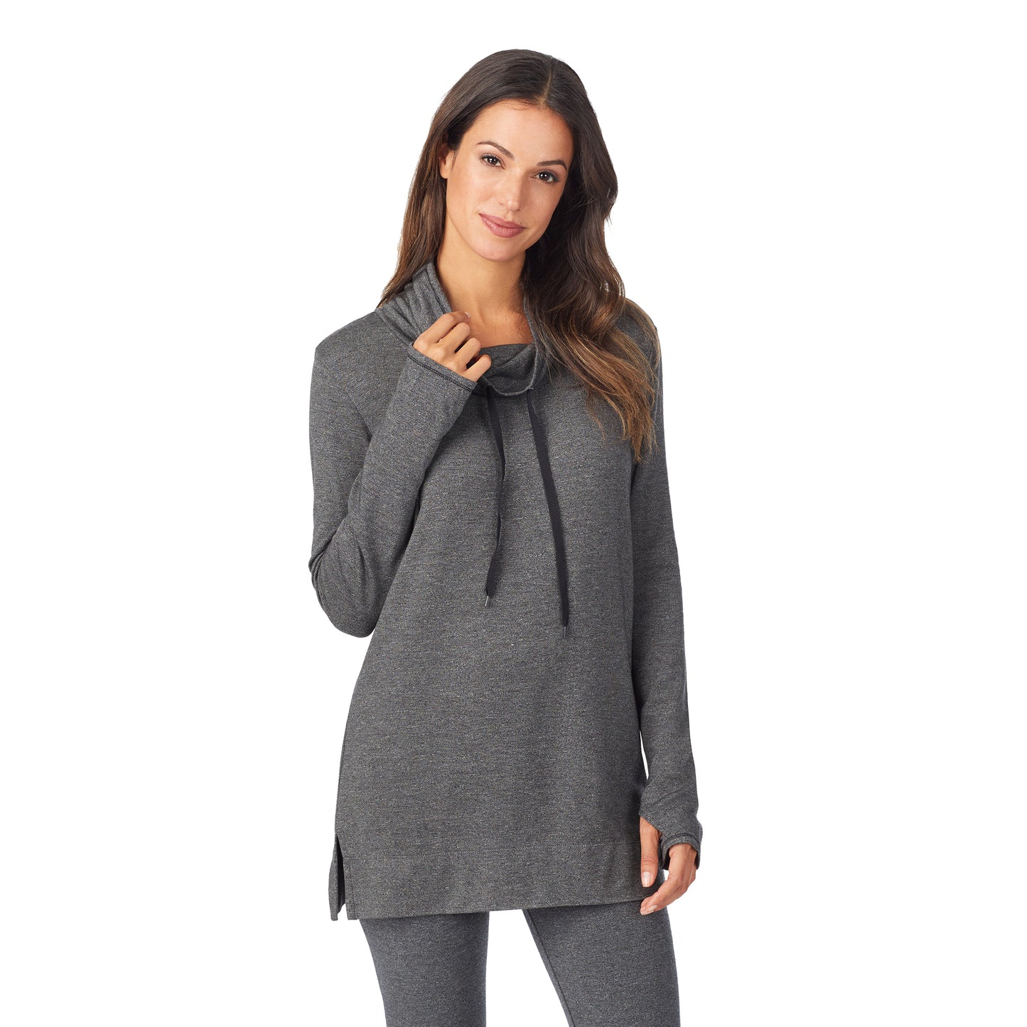 Charcoal Heather; Model is wearing size S. She is 5’9”, Bust 32”, Waist 25”, Hips 35”. @A lady wearing a charcoal heather long sleeve cowl neck tunic.