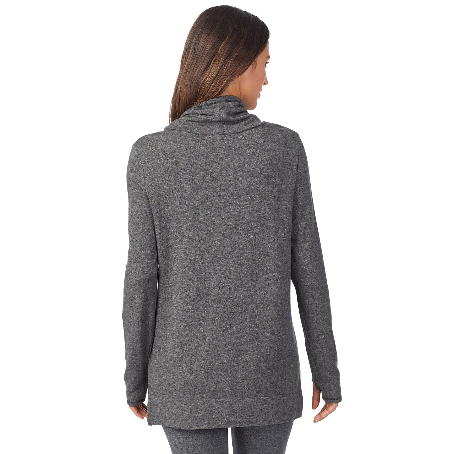 Charcoal Heather; Model is wearing size S. She is 5’9”, Bust 32”, Waist 25”, Hips 35”. @A lady wearing a charcoal heather long sleeve cowl neck tunic.