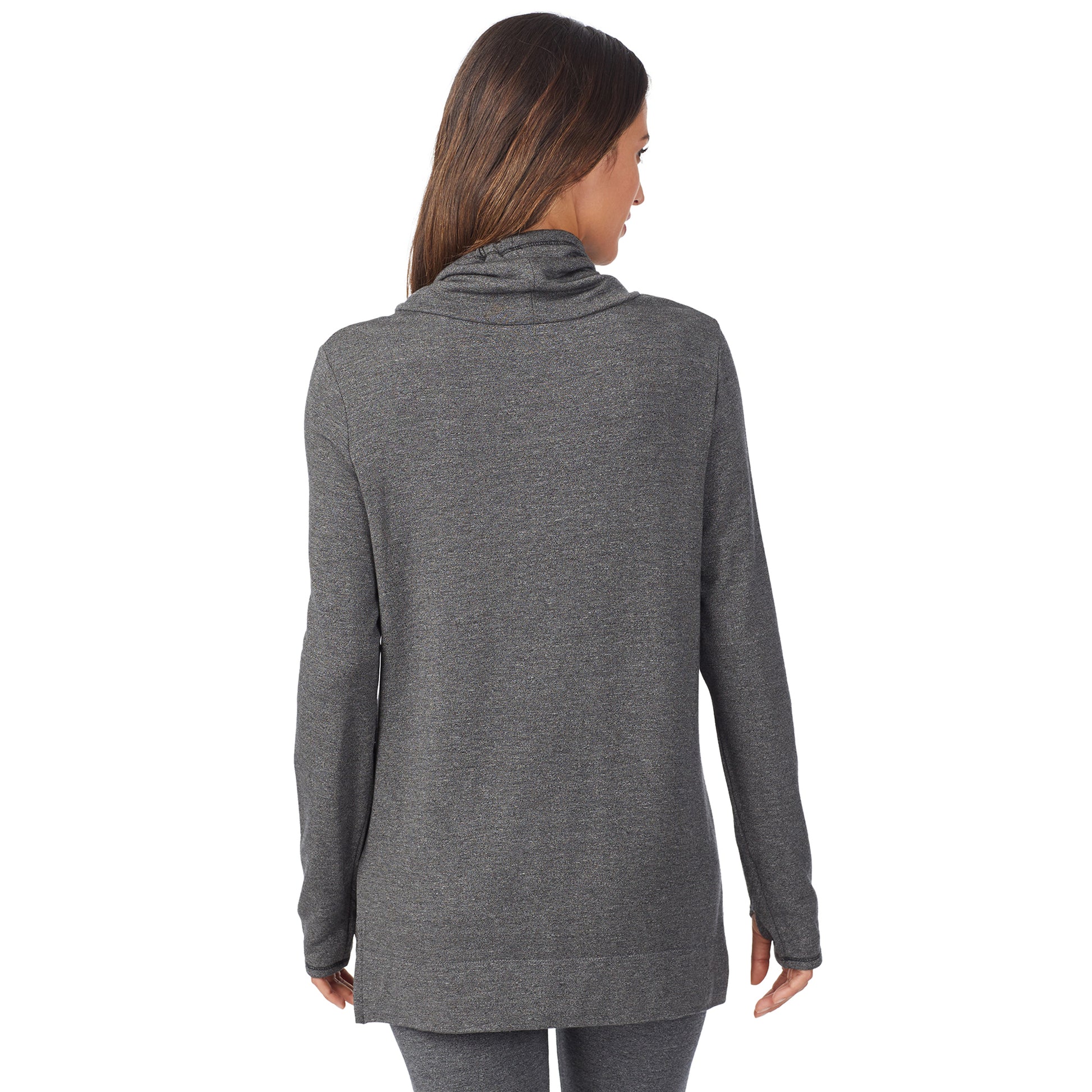 A lady wearing a charcoal heather long sleeve cowl neck tunic.
