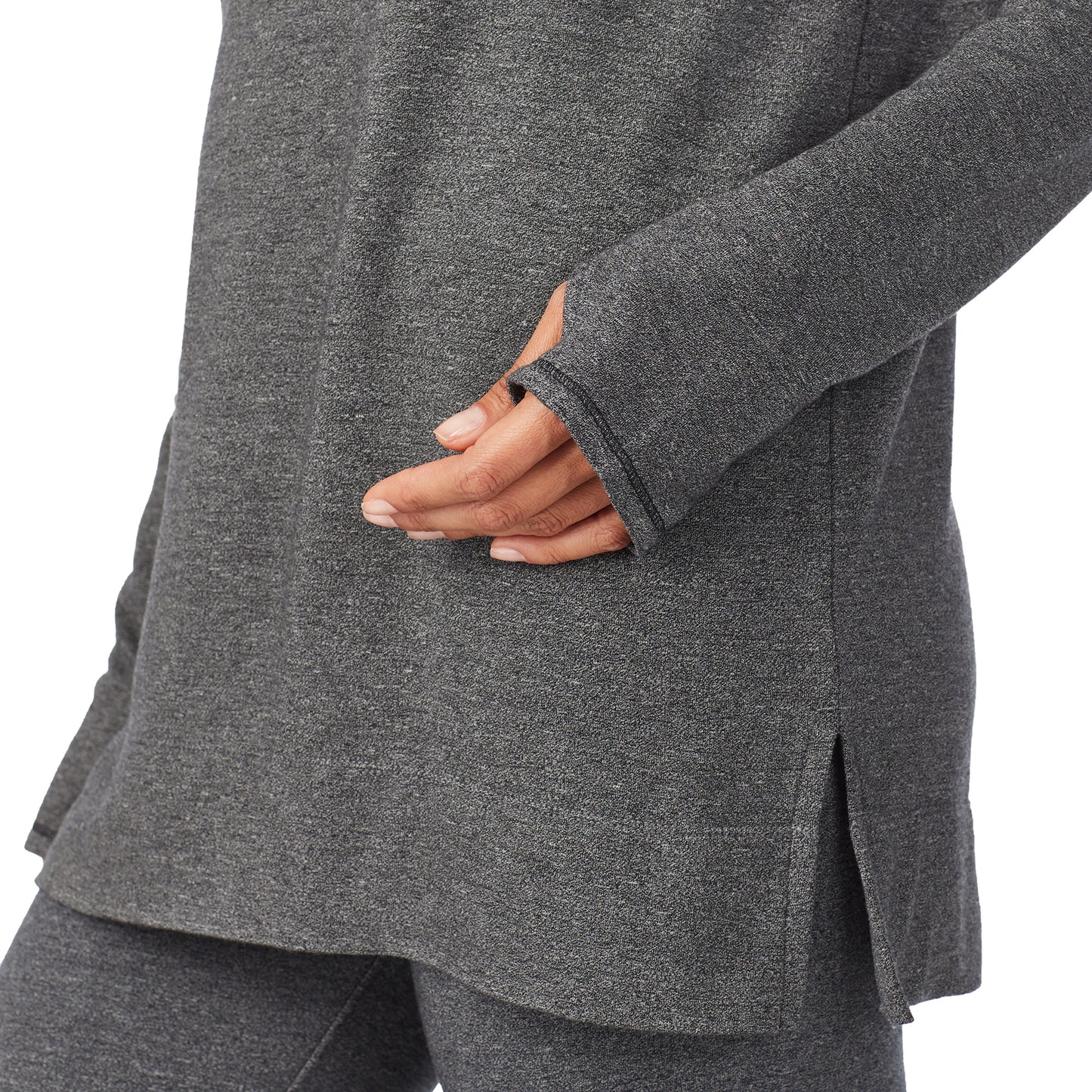 Charcoal Heather; Model is wearing size S. She is 5’9”, Bust 32”, Waist 25”, Hips 35”.@A lady wearing a charcoal heather long sleeve cowl neck tunic.