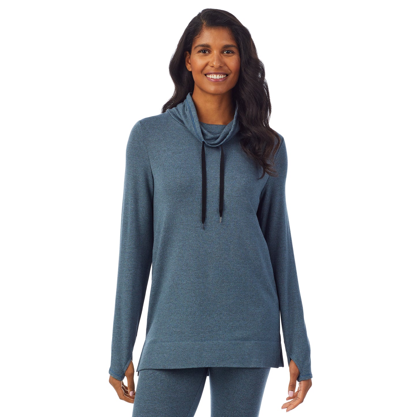 Cloud Blue Heather; Model is wearing size S. She is 5’10”, Bust 34”, Waist 24”, Hips 34”. @A lady wearing a cloud blue heather long sleeve cowl neck tunic.