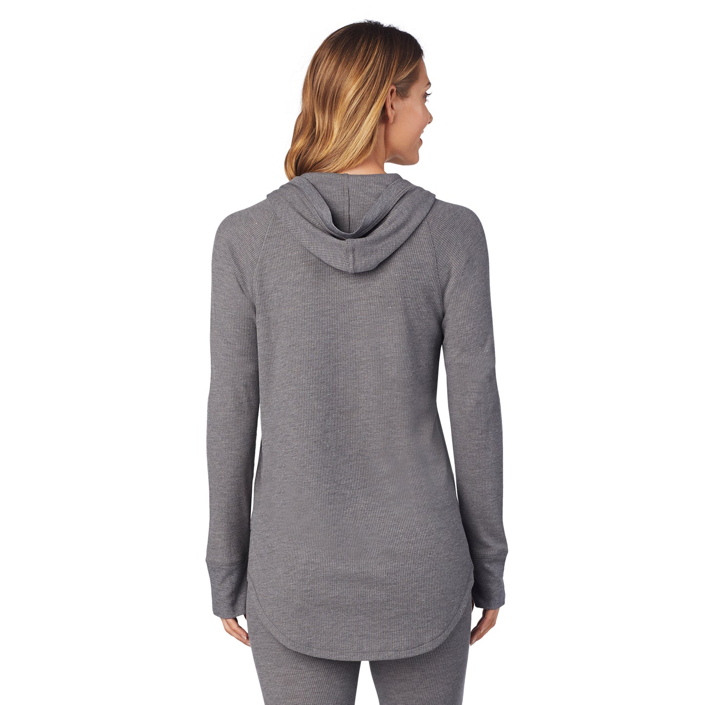 Stone Grey Heather; Model is wearing size S. She is 5’9”, Bust 32”, Waist 25.5”, Hips 36”. @A lady wearing a stone grey heather long sleeve hoodie tunic.