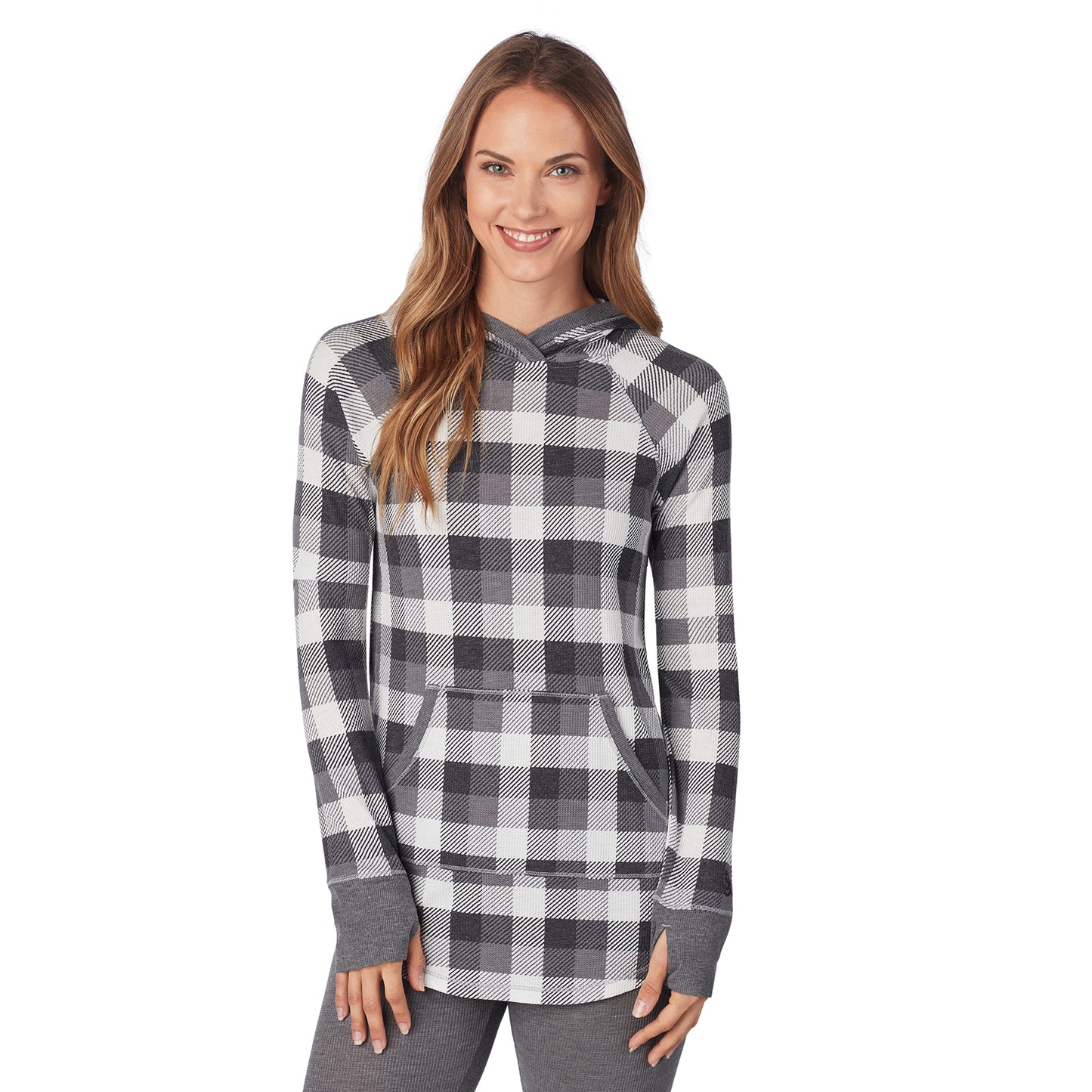 Grey Buffalo Check; Model is wearing size S. She is 5’9”, Bust 32”, Waist 25.5”, Hips 36”. @A lady wearing a grey buffalo check long sleeve hoodie tunic.
