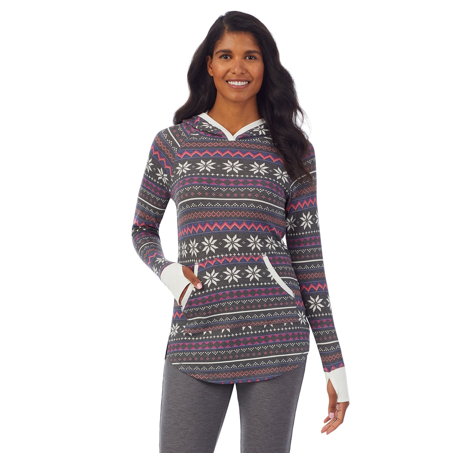 Grey Multi Fairisle; Model is wearing size S. She is 5’10”, Bust 34”, Waist 24”, Hips 34”. @A lady wearing a grey multi fairisle long sleeve hoodie tunic.