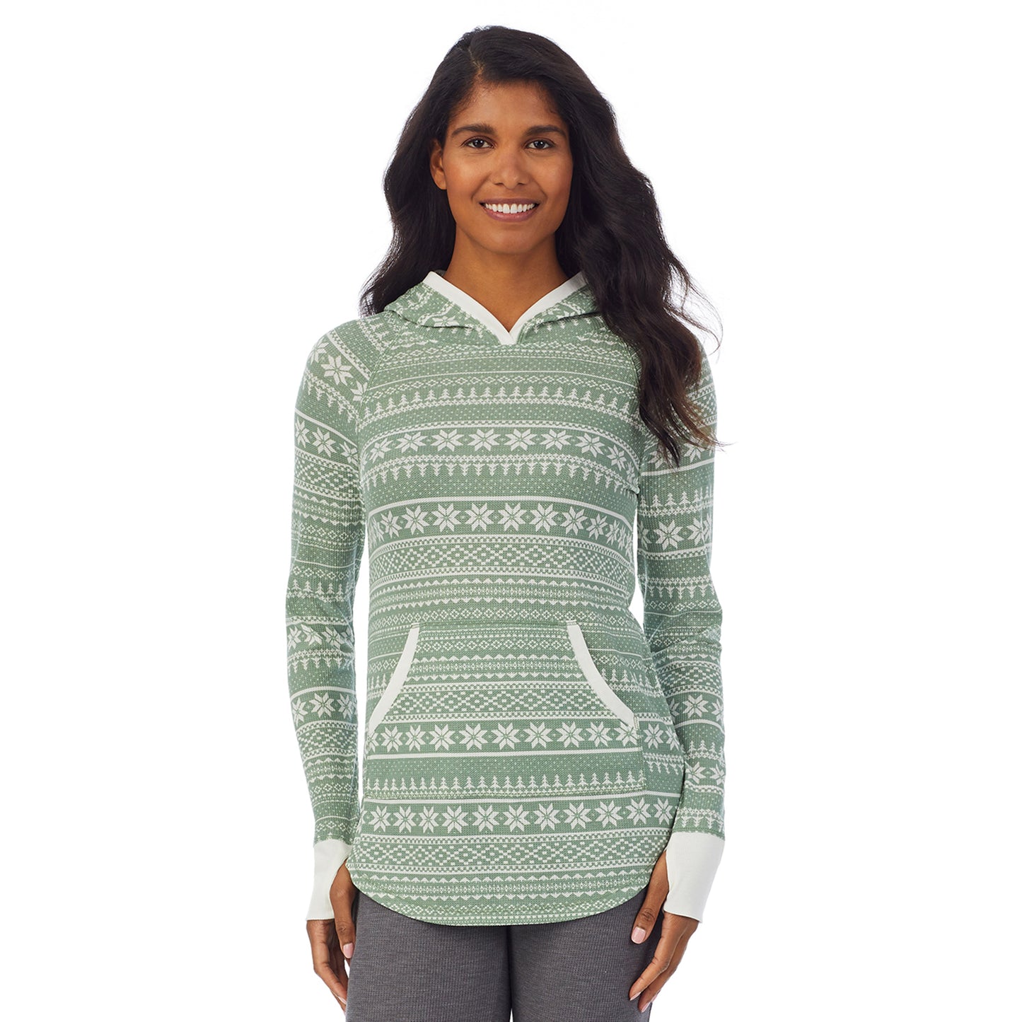 Seagrass Fairisle; Model is wearing size S. She is 5’10”, Bust 34”, Waist 24”, Hips 34”. @A lady wearing a seagrass fairisle long sleeve hoodie tunic.