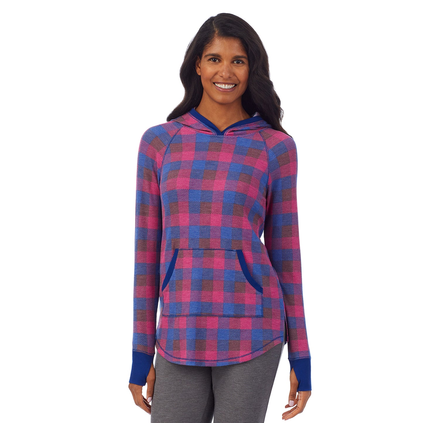Grape Blue Buffalo Check; Model is wearing size S. She is 5’10”, Bust 34”, Waist 24”, Hips 34”. @A lady wearing a grape blue buffalo check long sleeve hoodie tunic.