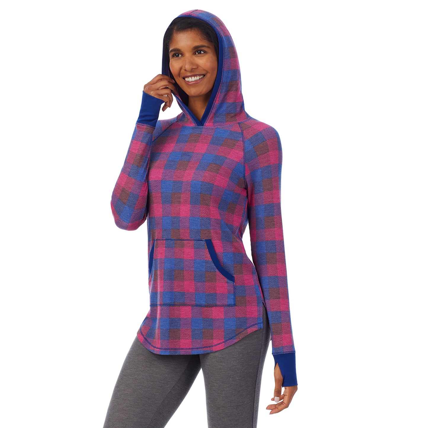 Grape Blue Buffalo Check; Model is wearing size S. She is 5’10”, Bust 34”, Waist 24”, Hips 34”. @A lady wearing a grape blue buffalo check long sleeve hoodie tunic.