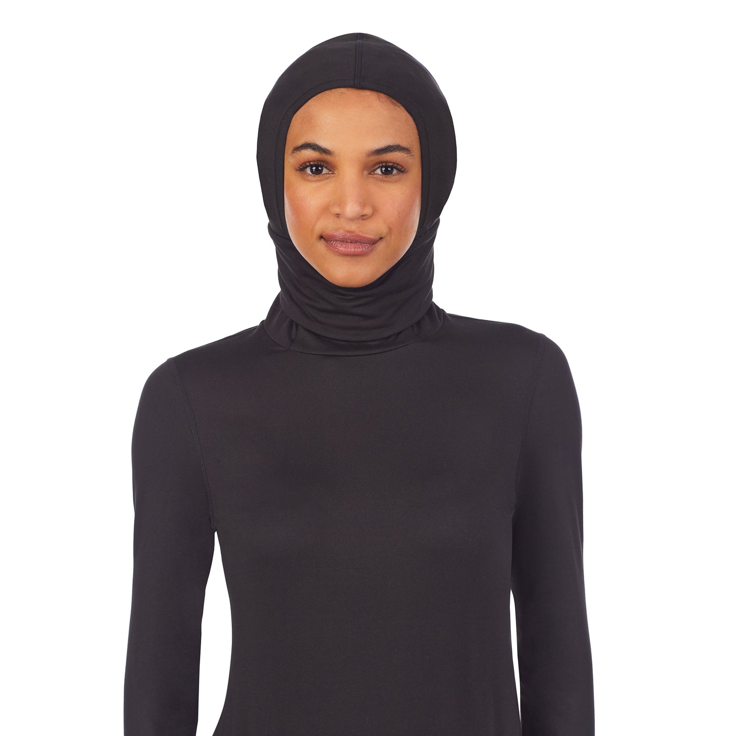 Black; Model is wearing size S. She is 5'11", Bust 32", Waist 25", Hips 35".@Upper body of a lady wearing black balaclava