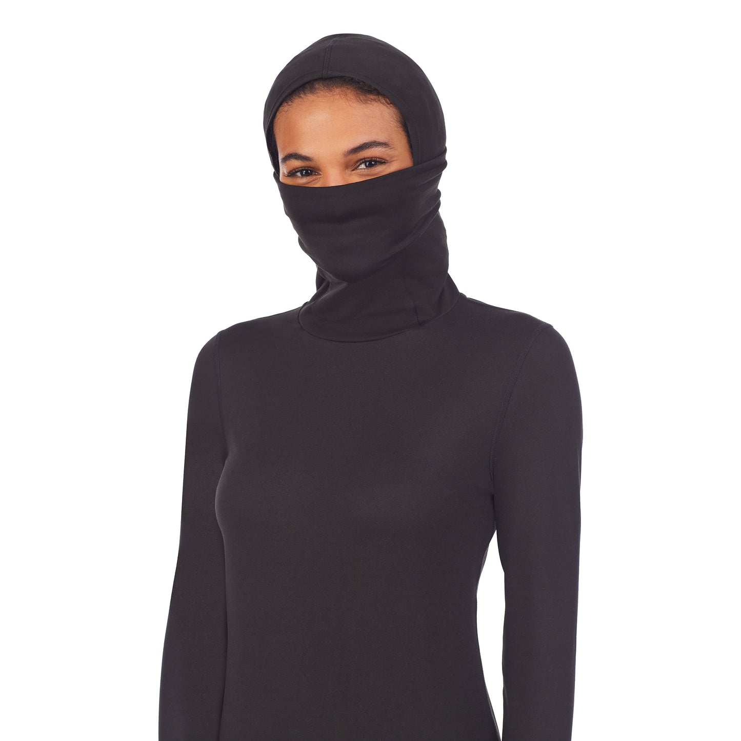 Black; Model is wearing size S. She is 5'11", Bust 32", Waist 25", Hips 35".@Upper body of a lady wearing black balaclava