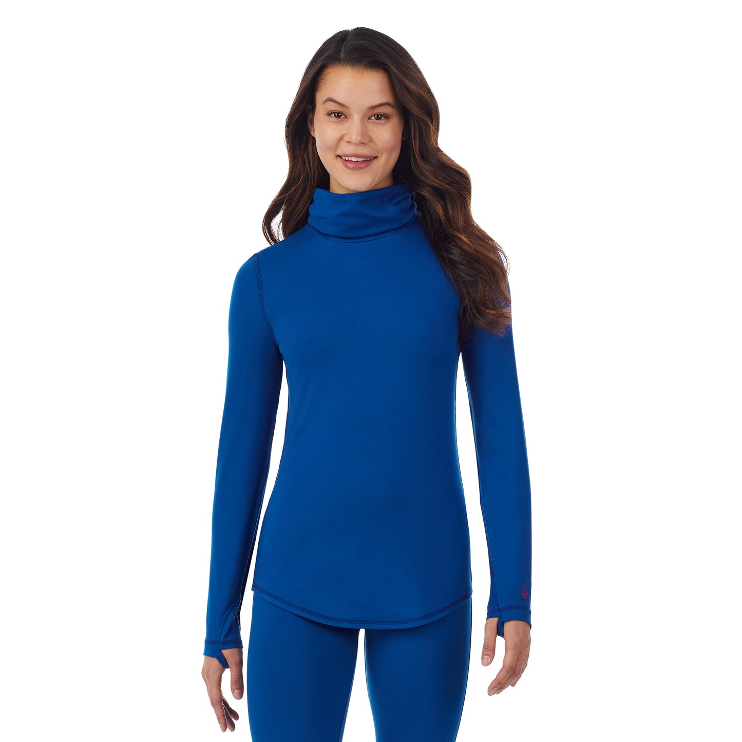 Royal Blue; Model is wearing size S. She is 5’9”, Bust 34”, Waist 25”, Hips 35”.@Upper body of a lady wearing blue balaclava