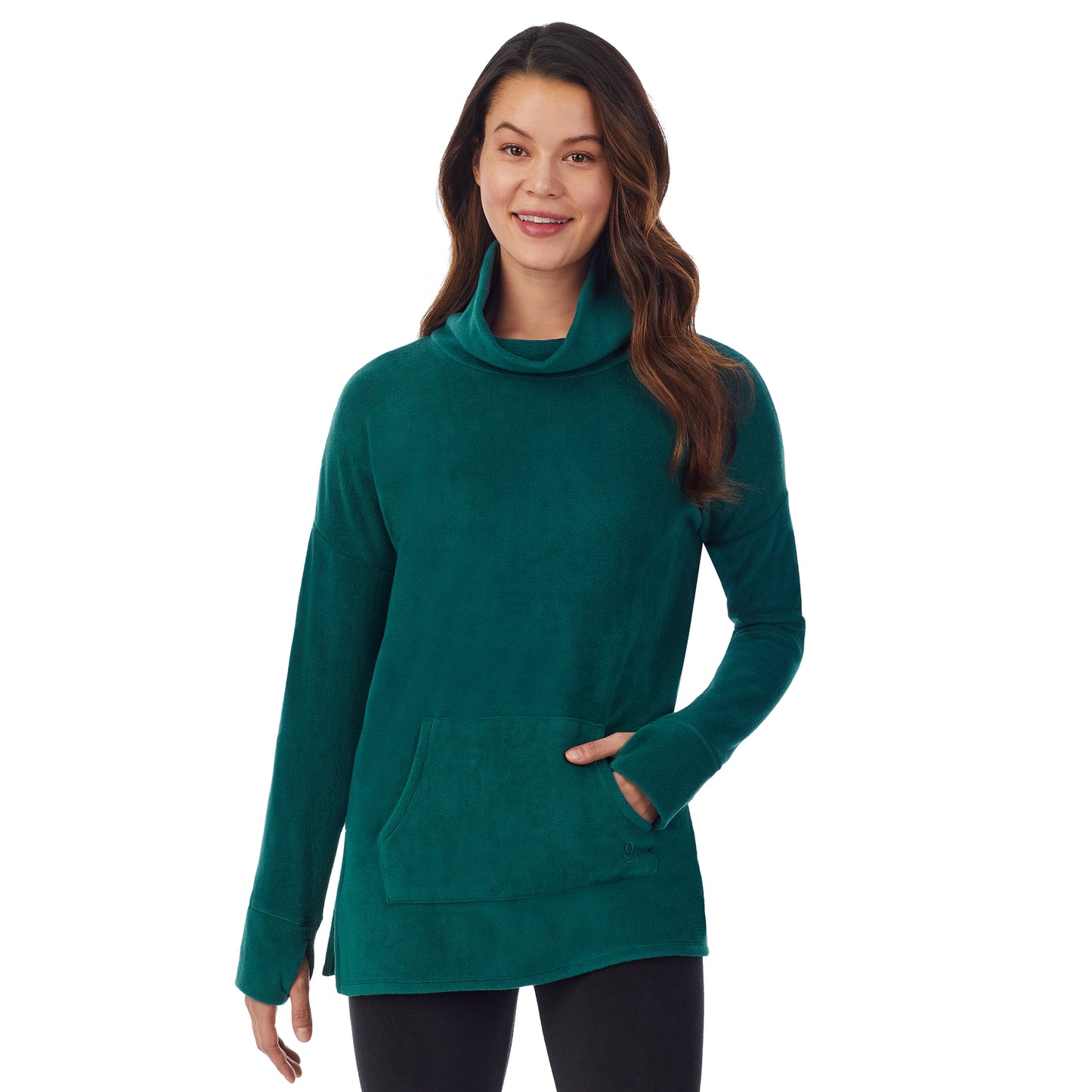 Viridian Green;Model is wearing size S. She is 5’9”, Bust 34”, Waist 25”, Hips 35”.@upper body of a lady wearing green long sleeve tunic