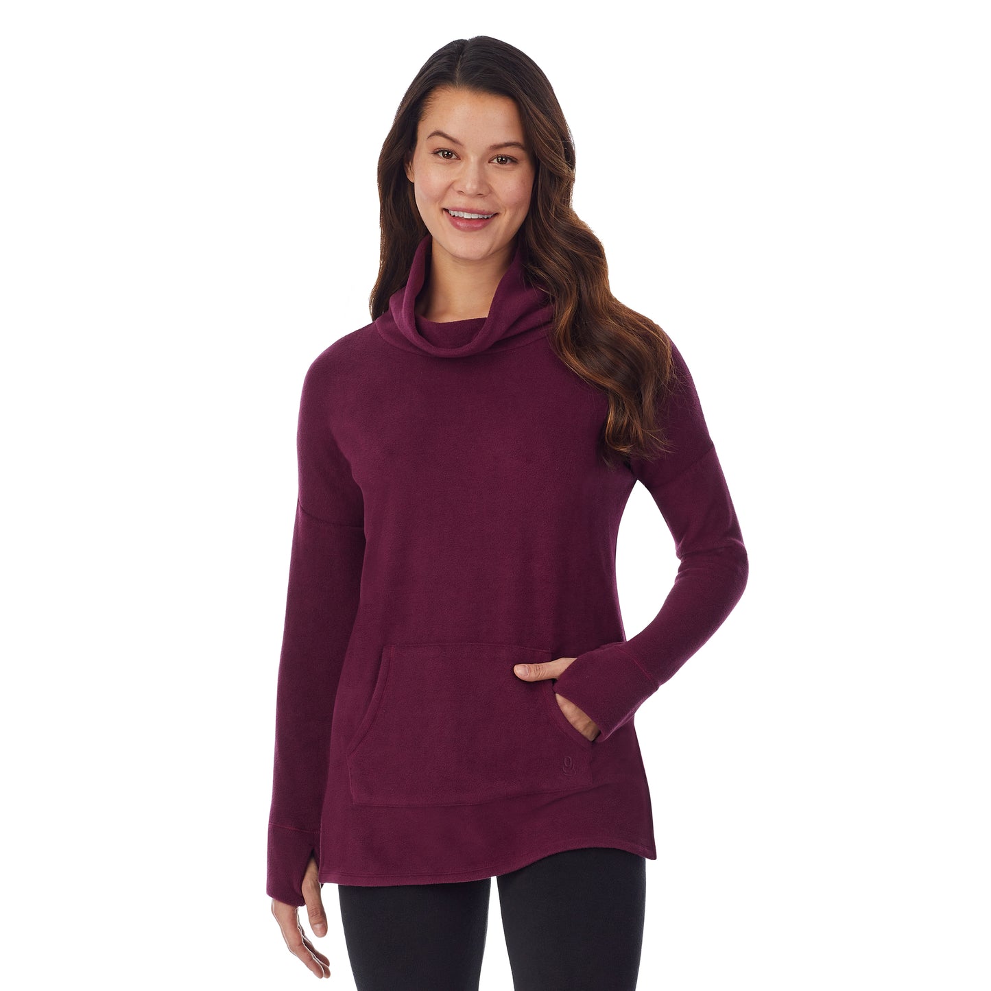 Grape;Model is wearing size S. She is 5’9”, Bust 34”, Waist 25”, Hips 35”.@upper body of a lady wearing grape long sleeve tunic