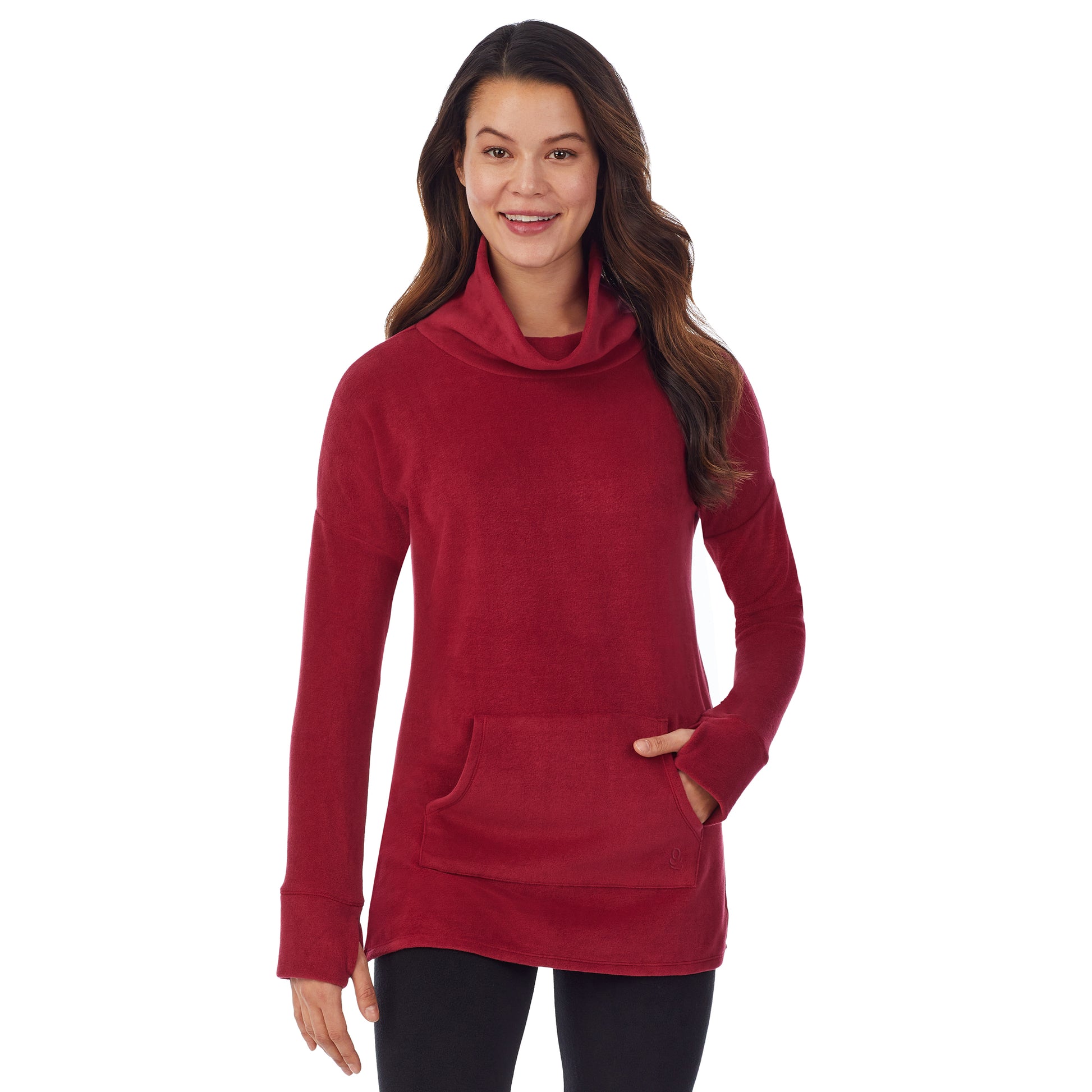 upper body of a lady wearing red long sleeve tunic
