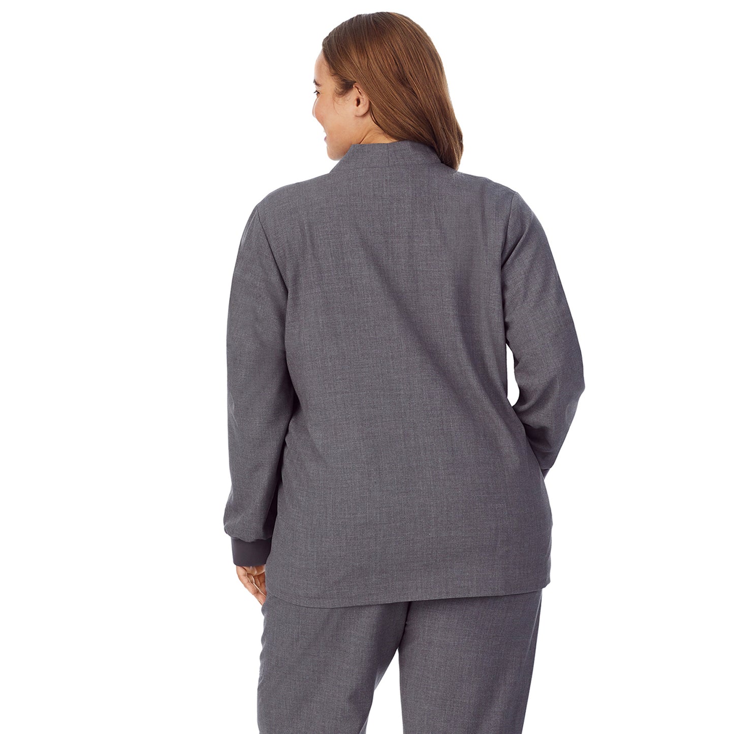 Charcoal Heather; Model is wearing size 1X. She is 5’7”, Bust 42.5”, Waist 34.5”, Hips 46”@A lady wearing charcoal heather scrub jacket plus.