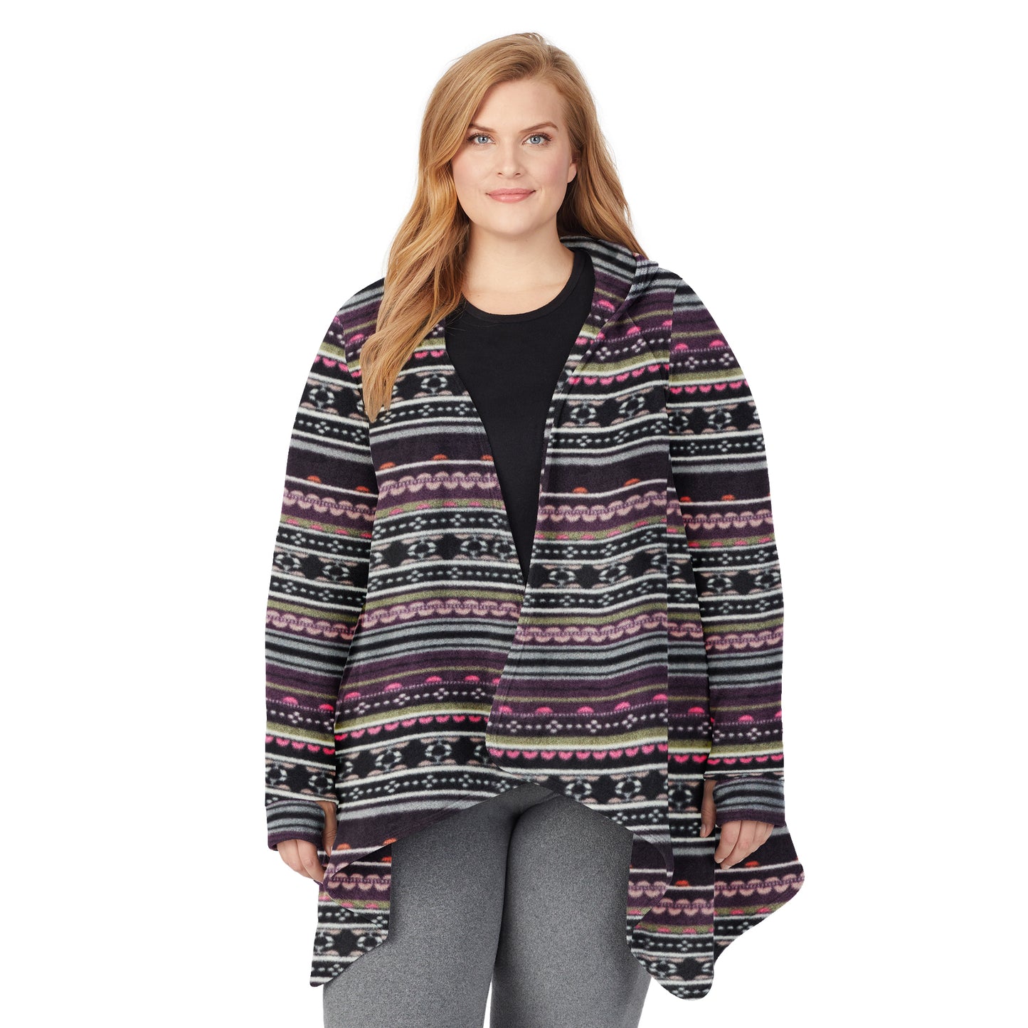 Purple Fairisle;Model is wearing size 1x. She is 5'9", Bust 38", Waist 36", Hips 48.5".