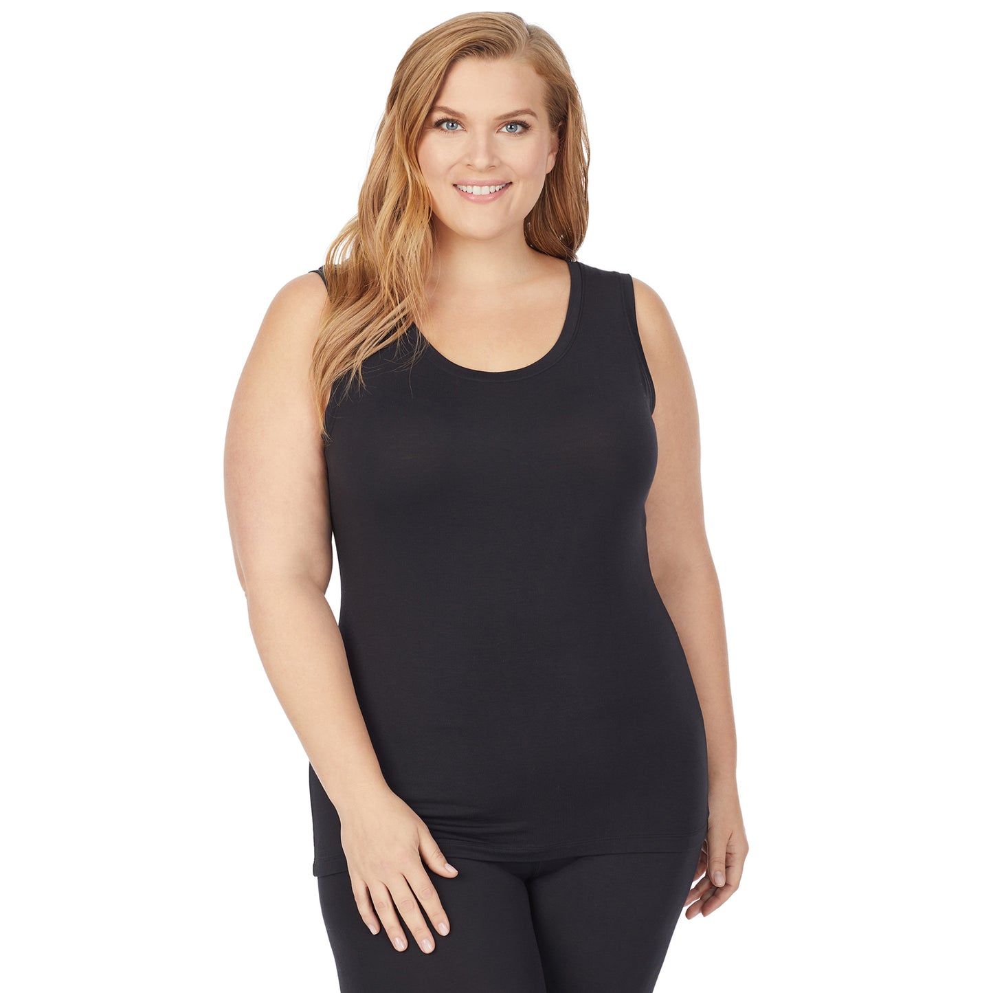 Black; Model is wearing size 1X. She is 5'9", Bust 38", Waist 36", Hips 48.5". @A lady wearing a black sleeveless reversible tank plus.