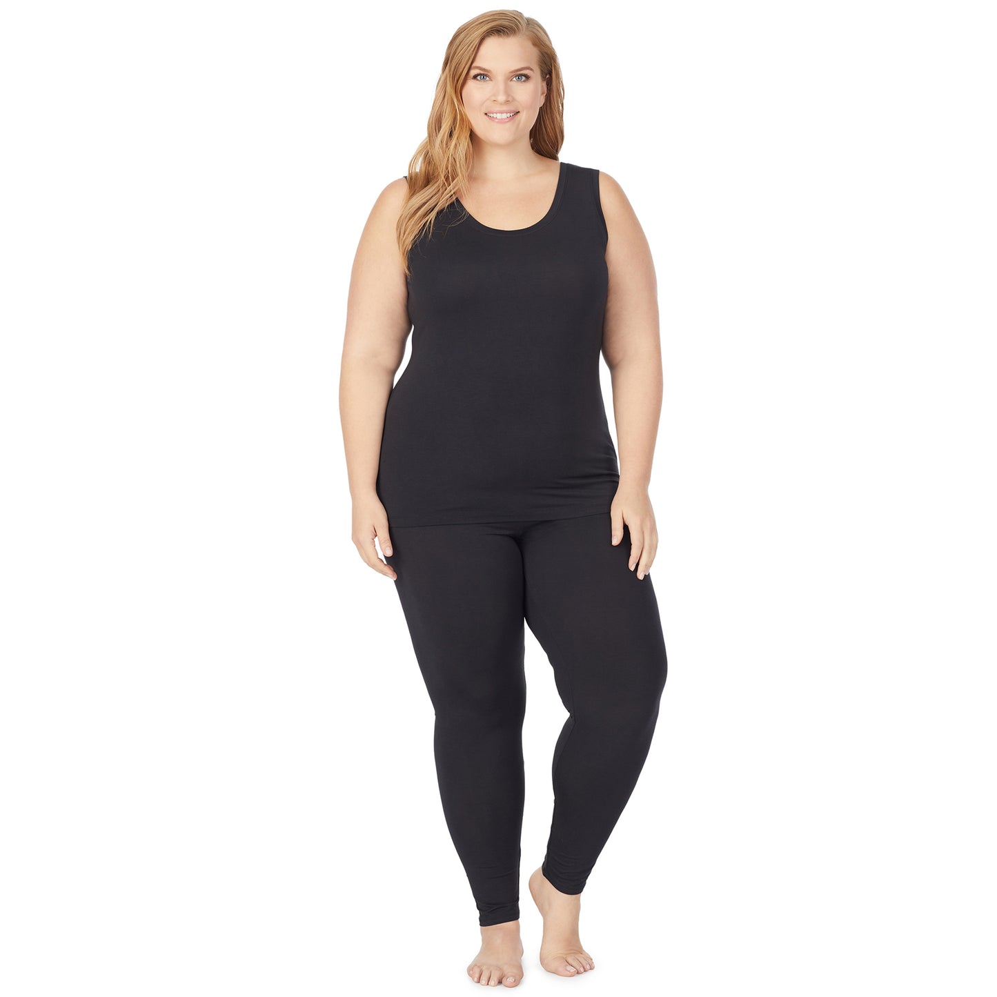 Black; Model is wearing size 1X. She is 5'9", Bust 38", Waist 36", Hips 48.5". @A lady wearing a black sleeveless reversible tank plus.