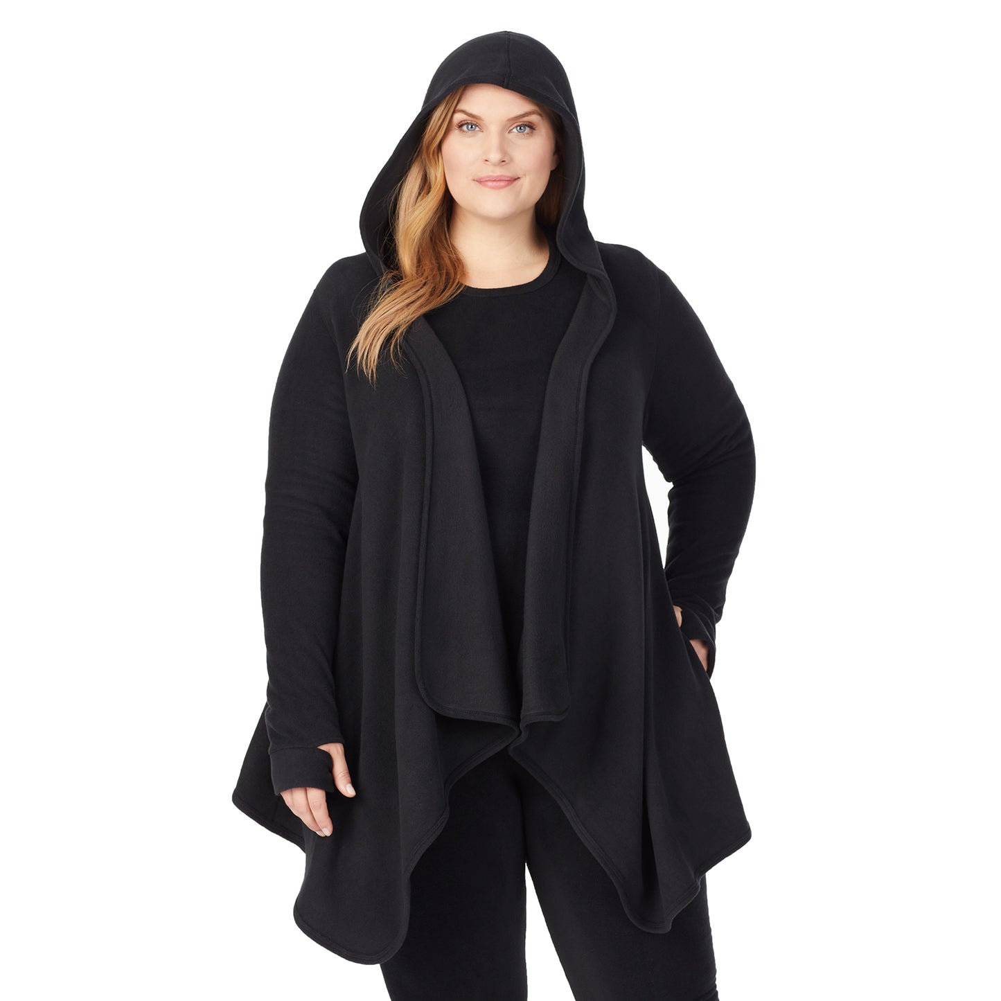 Black; Model is wearing size 1X. She is 5'9", Bust 38", Waist 36", Hips 48.5"@Upper body of a lady wearing long sleeve black hooded wrap