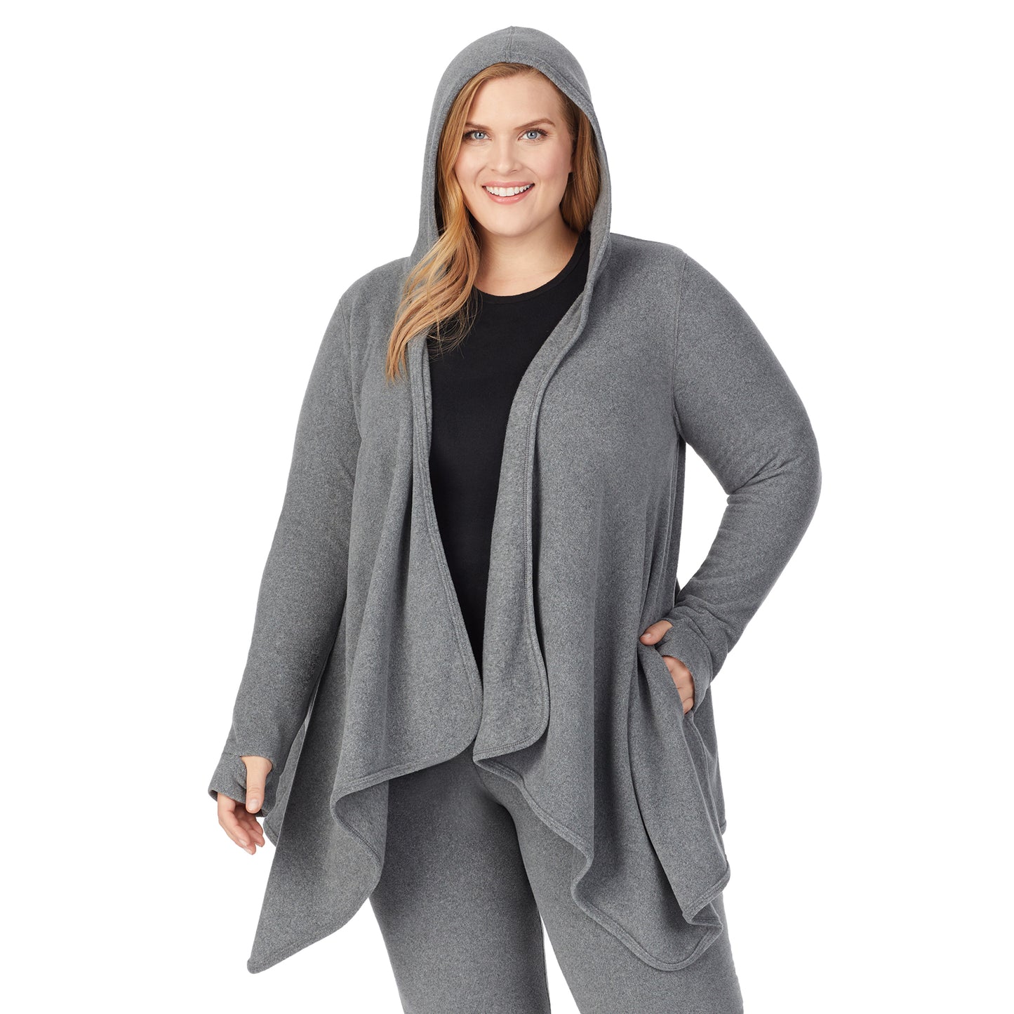 Charcoal Heather; Model is wearing size 1X. She is 5'9", Bust 38", Waist 36", Hips 48.5"@Upper body of a lady wearing long sleeve grey hooded wrap