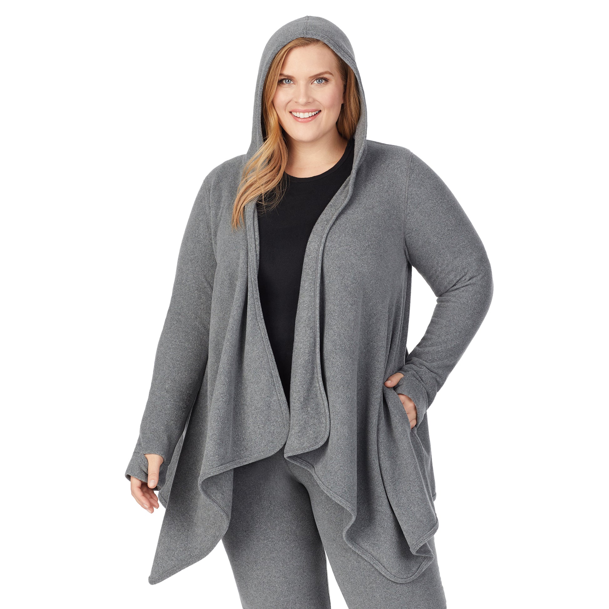 Upper body of a lady wearing long sleeve grey hooded wrap