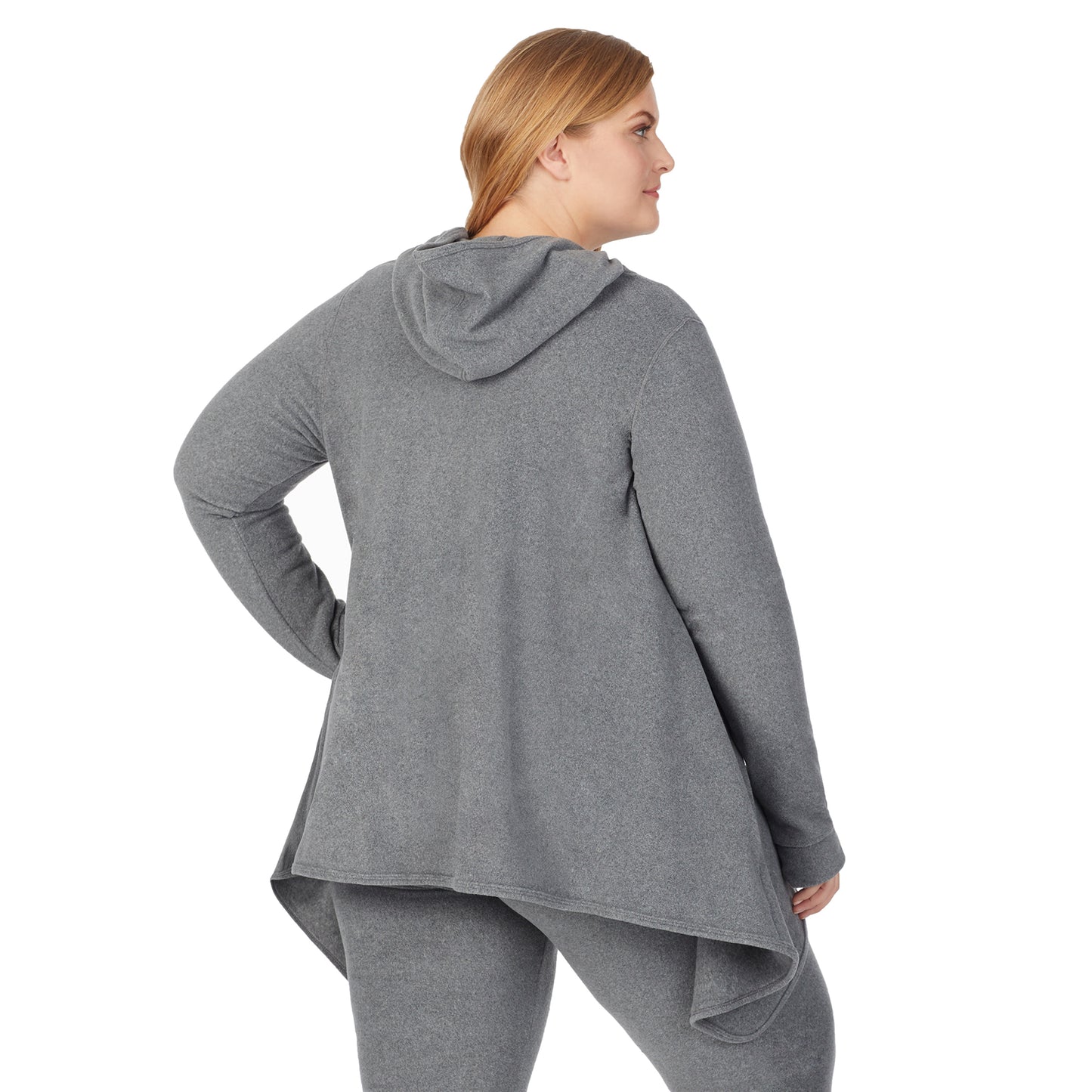 Charcoal Heather: Model is wearing size 1X. She is 5'9", Bust 38", Waist 36", Hips 48.5"@Upper body of a lady wearing long sleeve grey hooded wrap